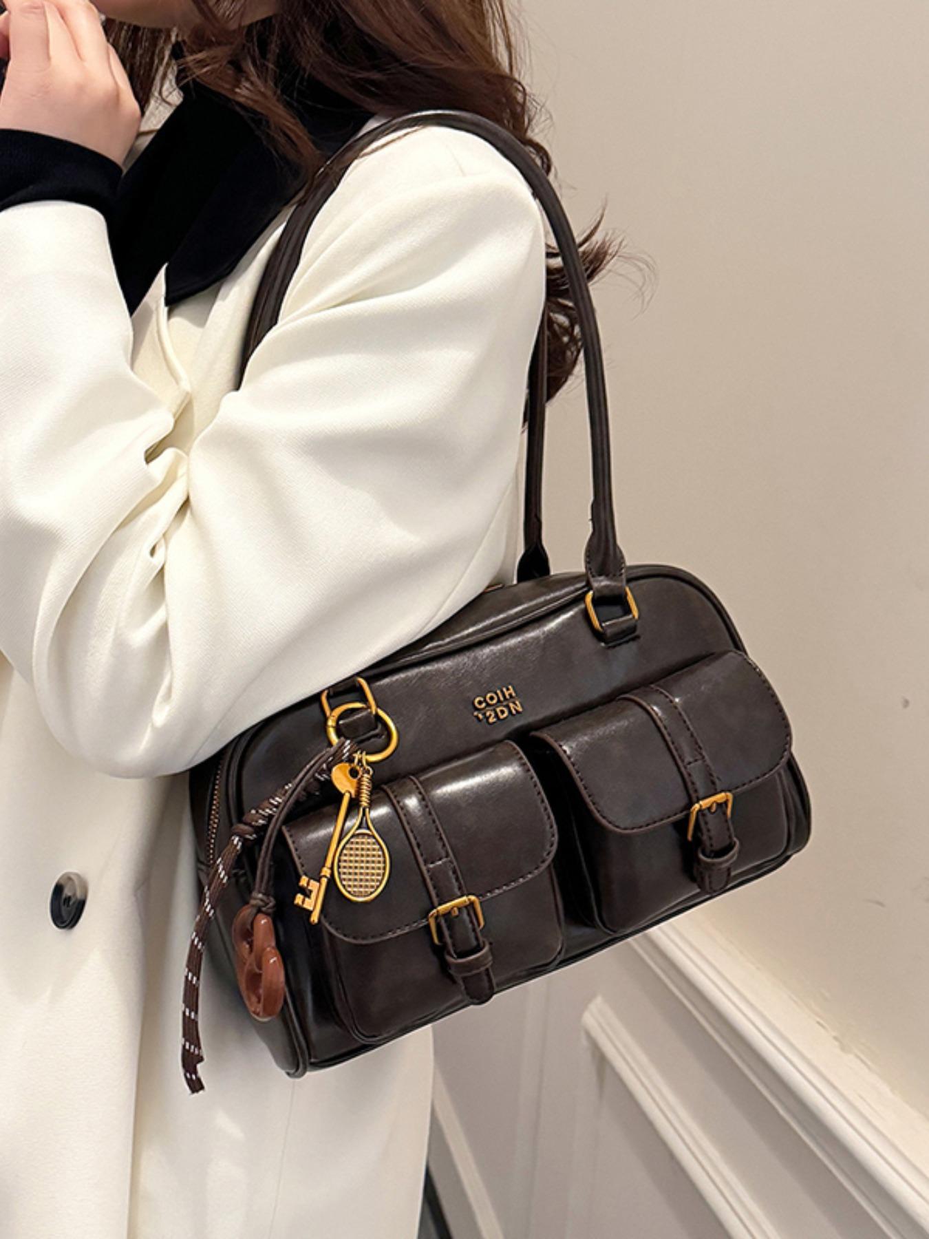 Women's Solid Color Classic Flap Shoulder Bag, Fashionable Large Capacity Shoulder Bag with Charm, Casual Versatile Commuting Bag for Daily Used