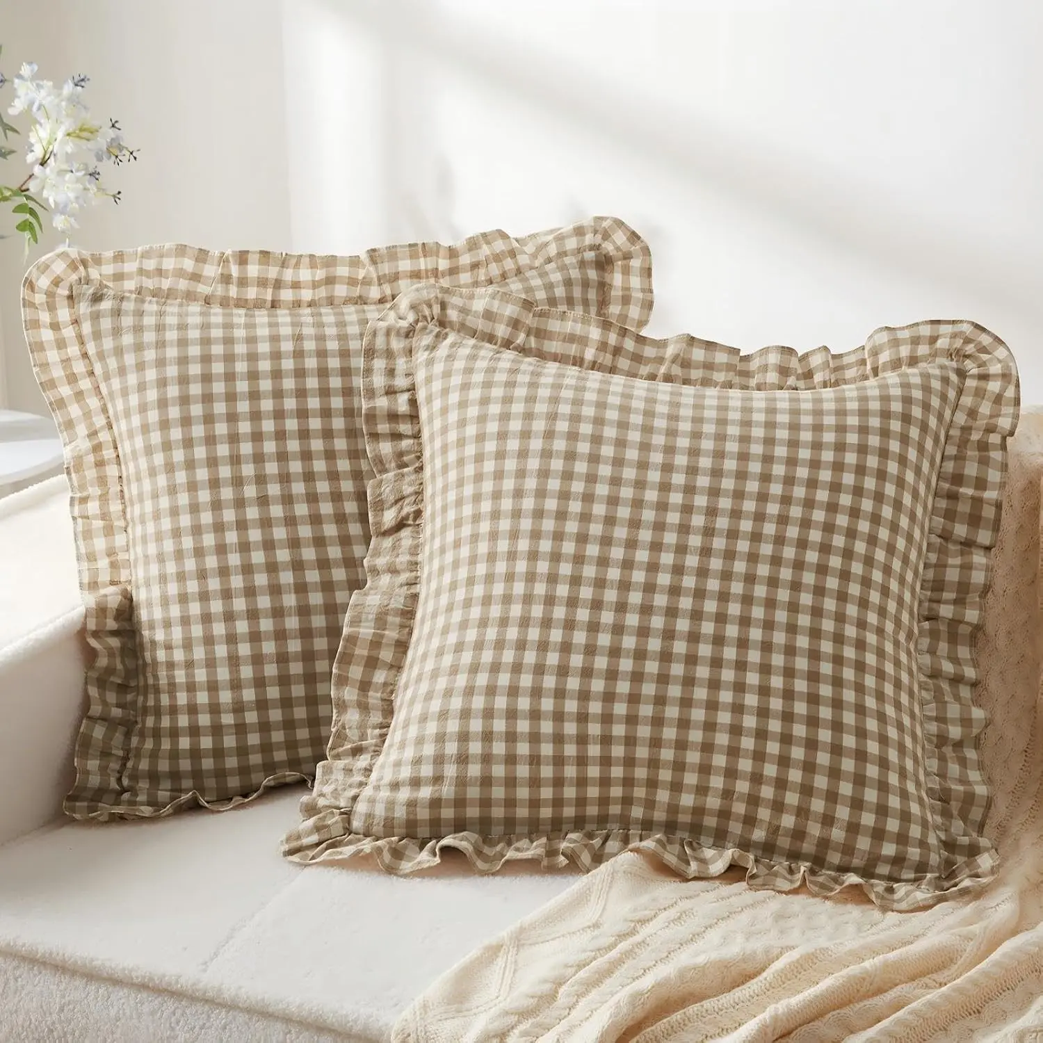 2 Pcs Ruffle Gingham Pillow Covers 20" x 20", Taupe/White Plaid Soft & Breathable Cotton Gingham Pillow Cases, Linen Feel Ruffled Plaid Pillow Shams with Envelope Closure for Sofa Bed