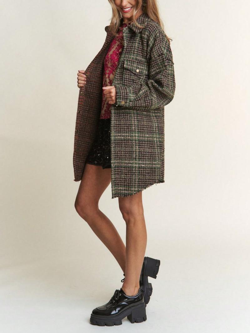 Women's Casual Jacket Vintage Snap Down Tweed Plaid Contrast Longline Shacket Misty Forest Long Sleeve Button-Down Oversized Fit Frayed Hem Comfy And Stylish Perfect For Spring/Fall/Winter Layering Everyday Wear.