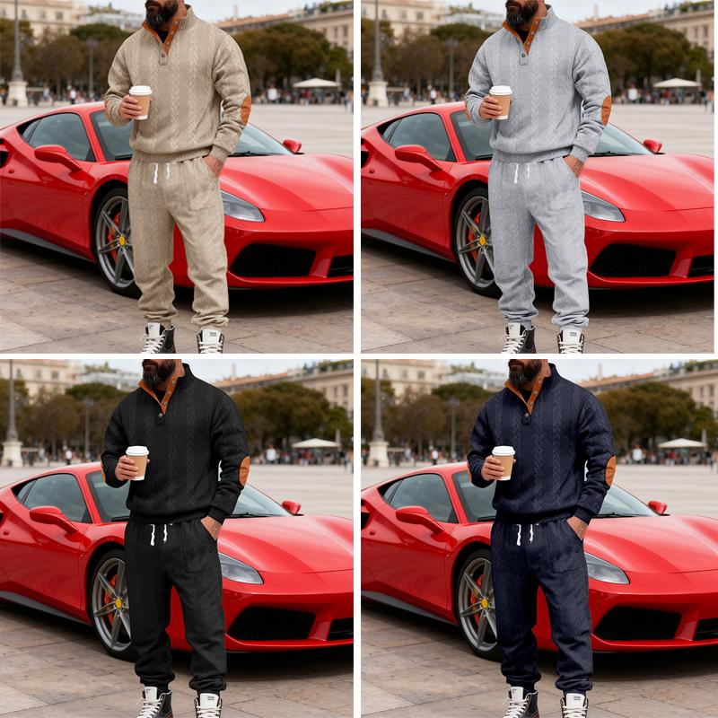 Men's Heavyweight Textured Patchwork Stand Collar Henry Sweatshirt Set, Casual Fleece Warm And Comfortable Set,  Jacket And Trousers, Men's Everyday Wear, Indoor And Outdoor Sportswear, Sportswear Set, Winter Casual Sportswear.