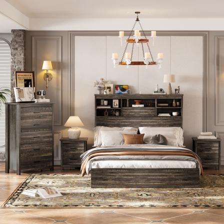 [Bellemave]4PCS Bedroom Sets, Wooden Queen Size Bed Frame with Storage Headboard and Charging Station, 2 Nightstands with 2 Drawers, 1 Dresser with 5 Drawers, Antique Gray