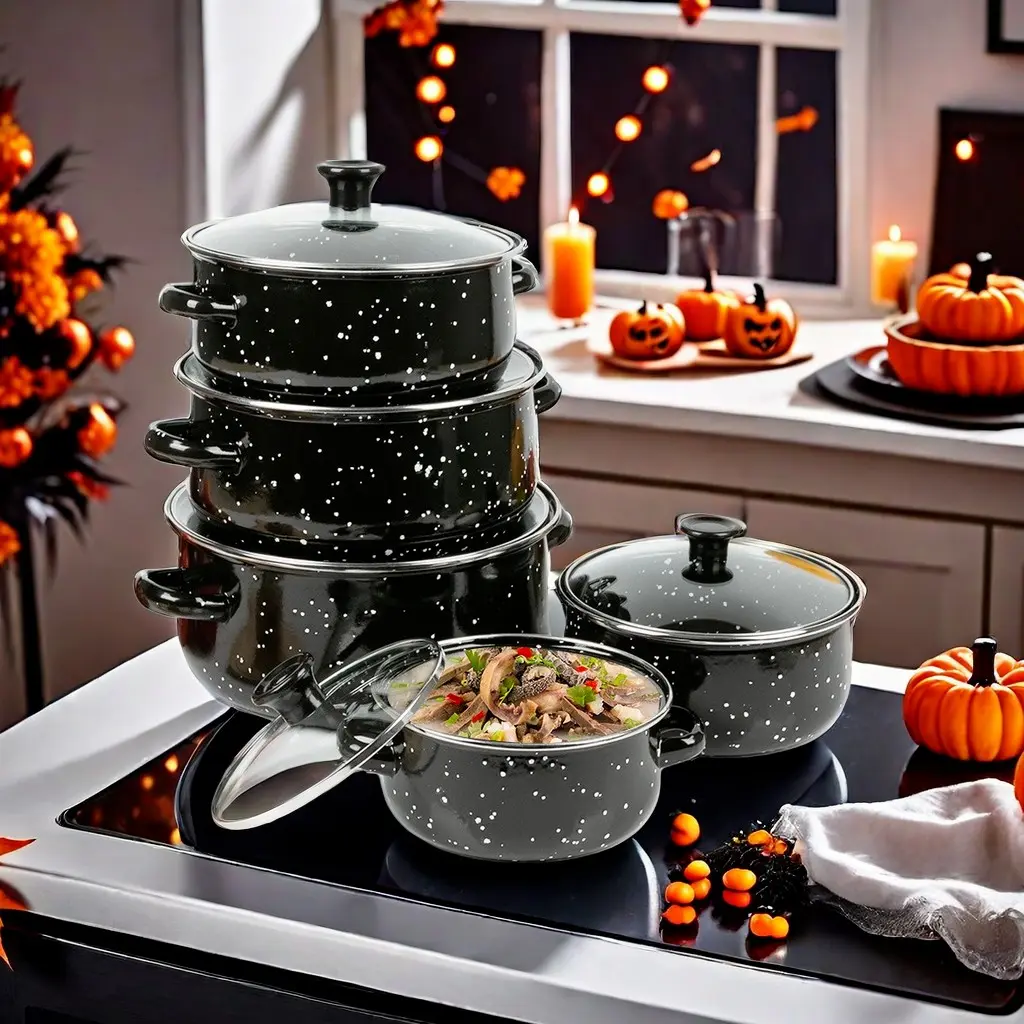 5pcs Halloween Portable Multi-Functional Enamel Pot Set, Soup Pot, Cooking Pot, Stew Pot, Fry Pan, Easy Clean Non-Stick, Kitchenware, Outdoor Gear, Gift