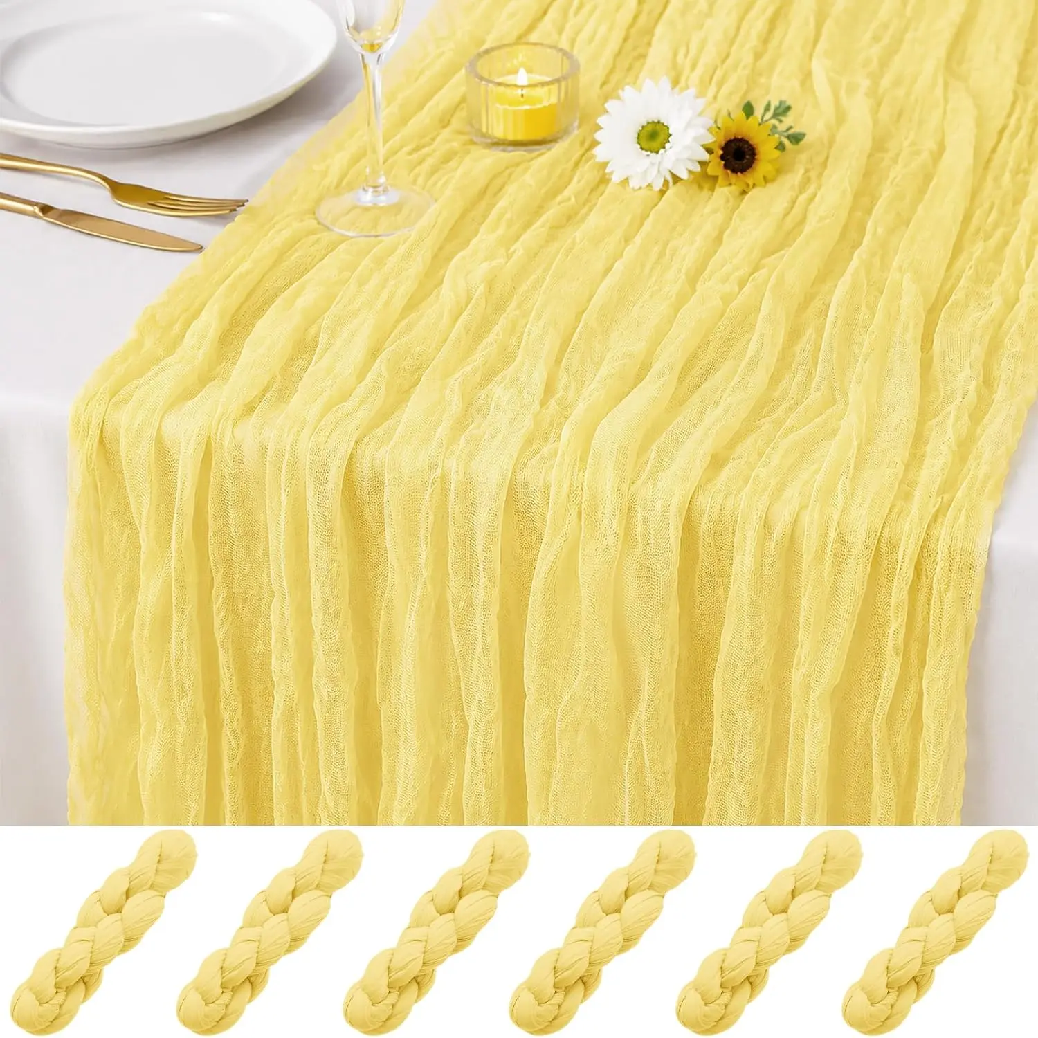 6 Pack Light Yellow Cheesecloth Table Runner 21 x 120 inch Light Yellow Table Runner Boho Gauze Cheese Cloth Table Runners Rustic Sheer Table Runner for Wedding Party Baby Shower Birthday Home Decor