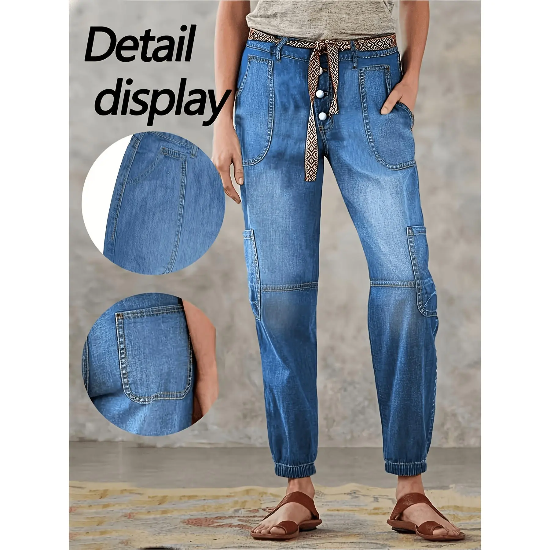 Women's Retro Cargo Jeans in Heavy Wash Denim, Jogger Style Bottoms with Elastic Ankles and a Zipper Fly, Jogger Pants, Cargo Pockets, Loose Fit, Machine Wash