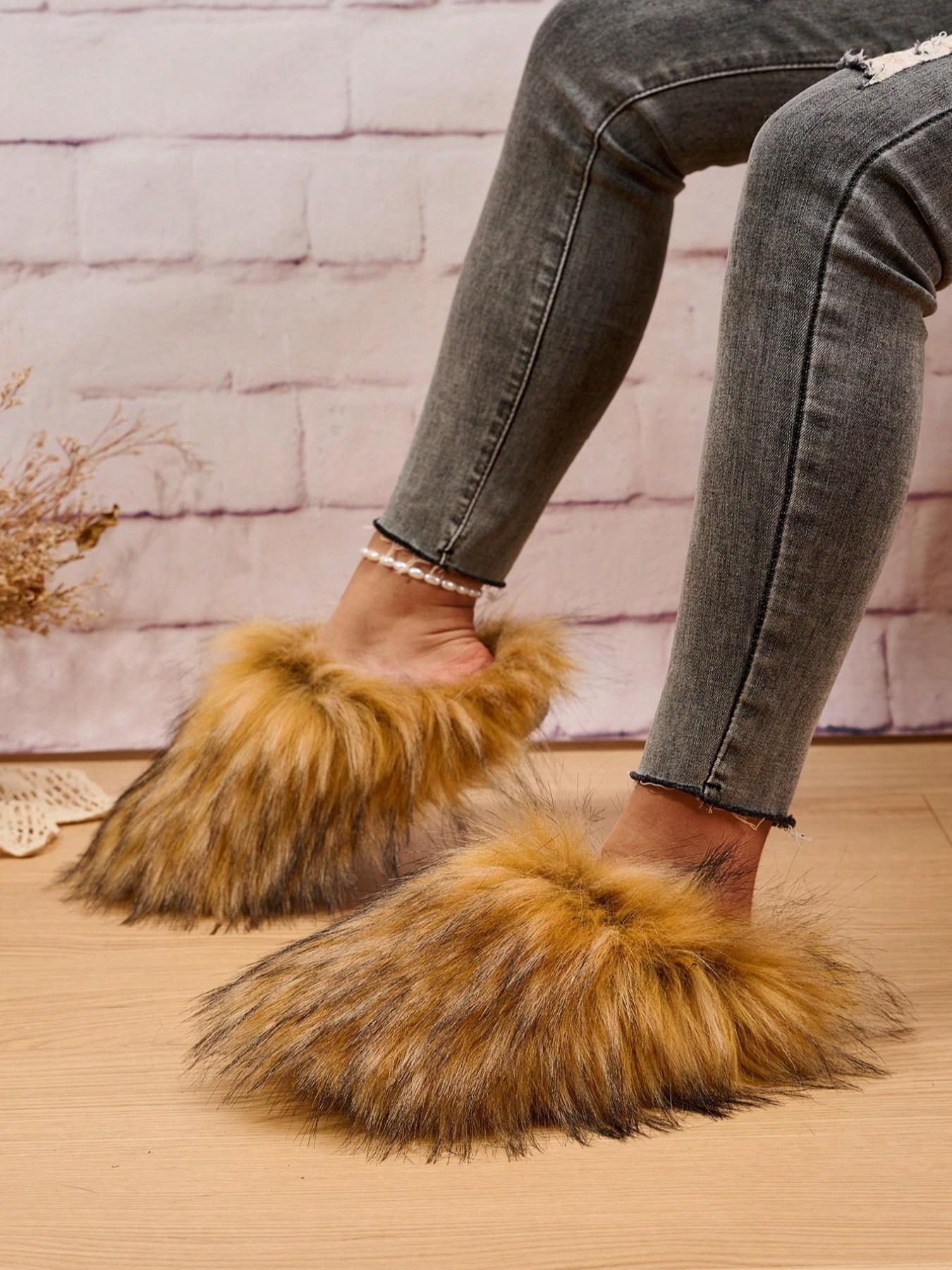 Women's Fashionable Minimalist Fluffy Slide Slippers, Soft Plush Faux Slippers, Fuzzy Warm Slippers, Warm & Cozy Bedroom Slippers for Fall & Winter, Fluffy Home Slippers