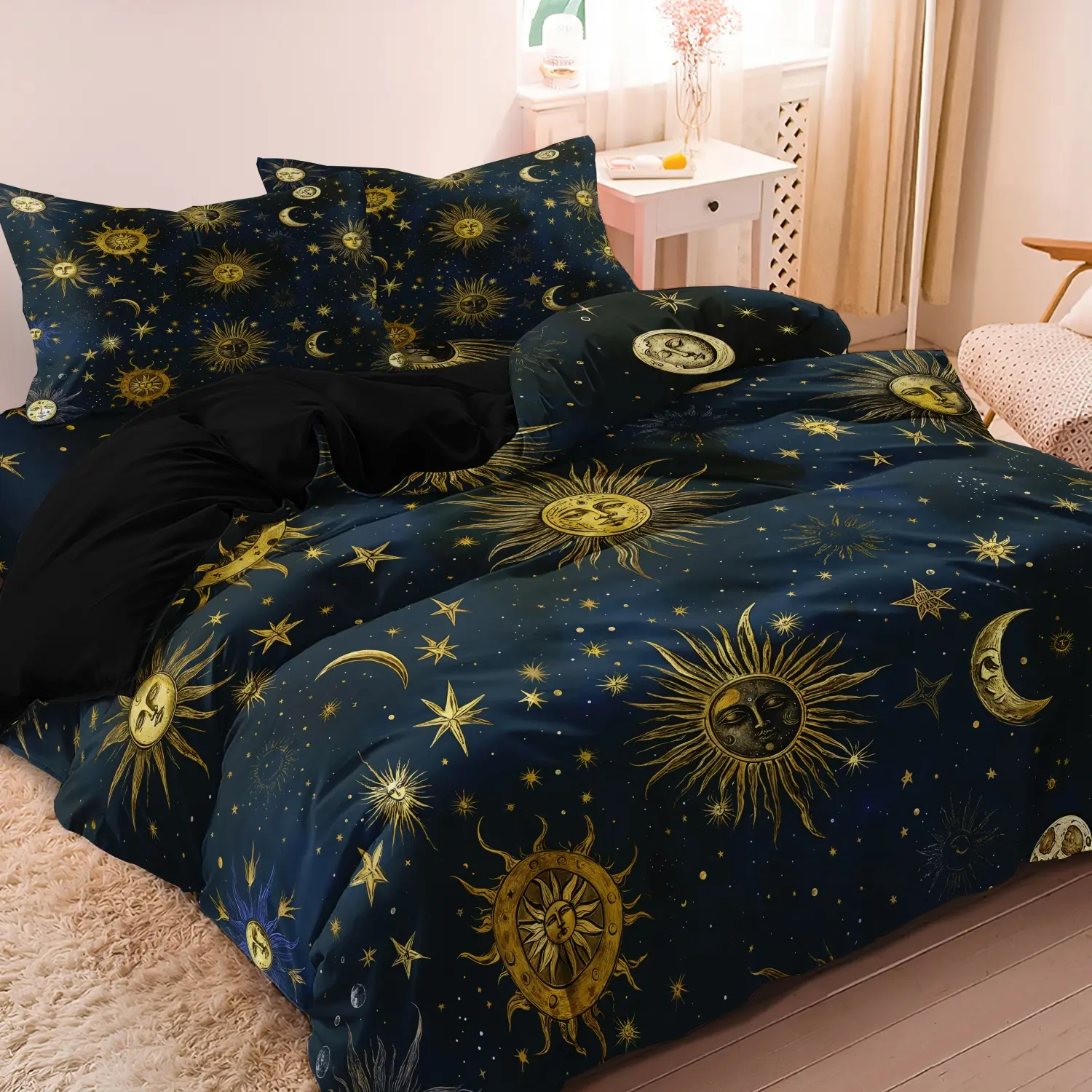 3 Pieces Dark Navy Blue Celestial Sun Moon Star Print Decorative Duvet Cover Set, Vintage Sun Crescent Moon Galaxy Print Bedding, For Family Bedrooms Dormitories Hotels (1 Duvet Cover + 2 Pillowcases, No Comforter No Pillow)