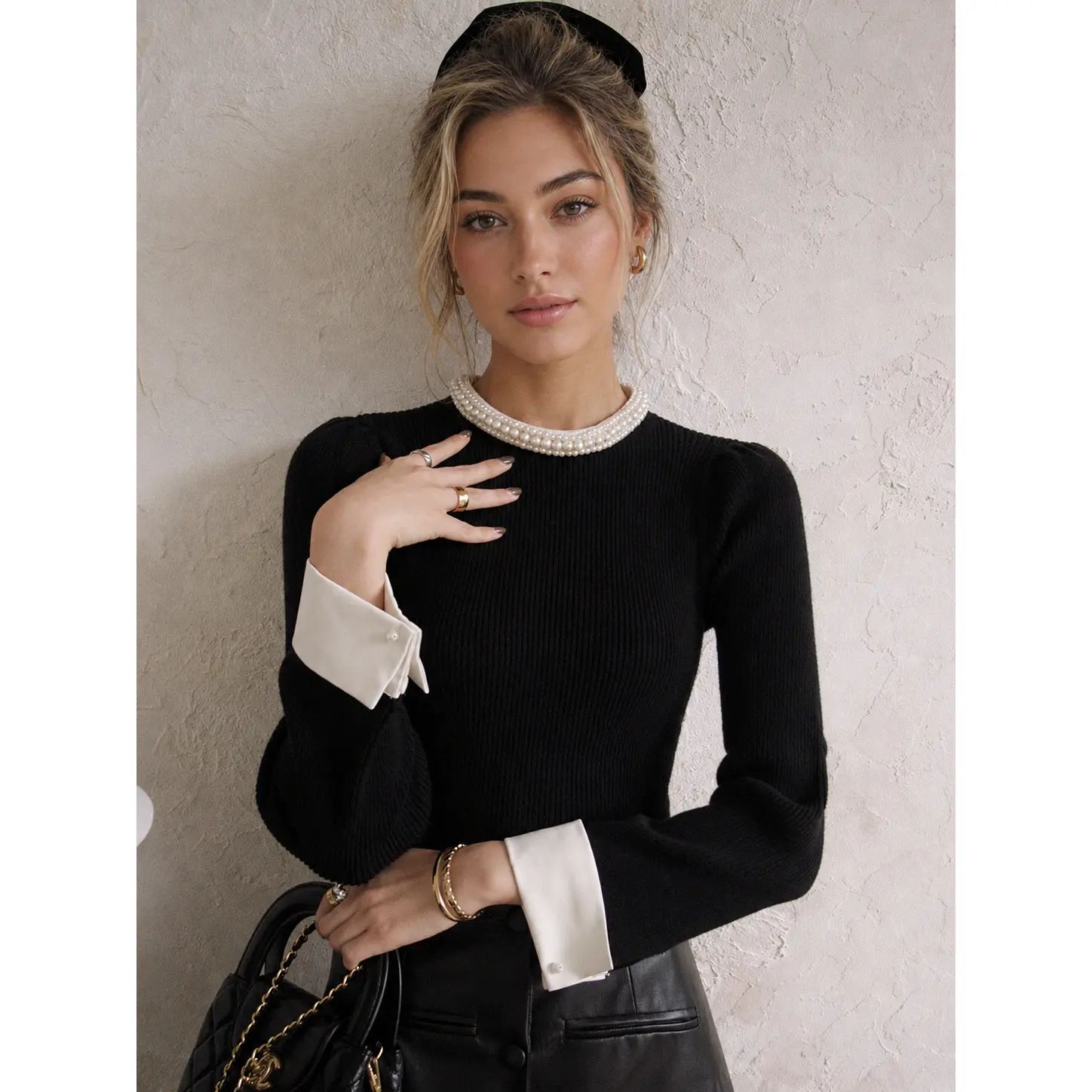 COMMENSE Women's Casual Long Sleeve Knitting Tops, Contrast-Trim Pearl-Detail Knitwear Sweater,sohochic