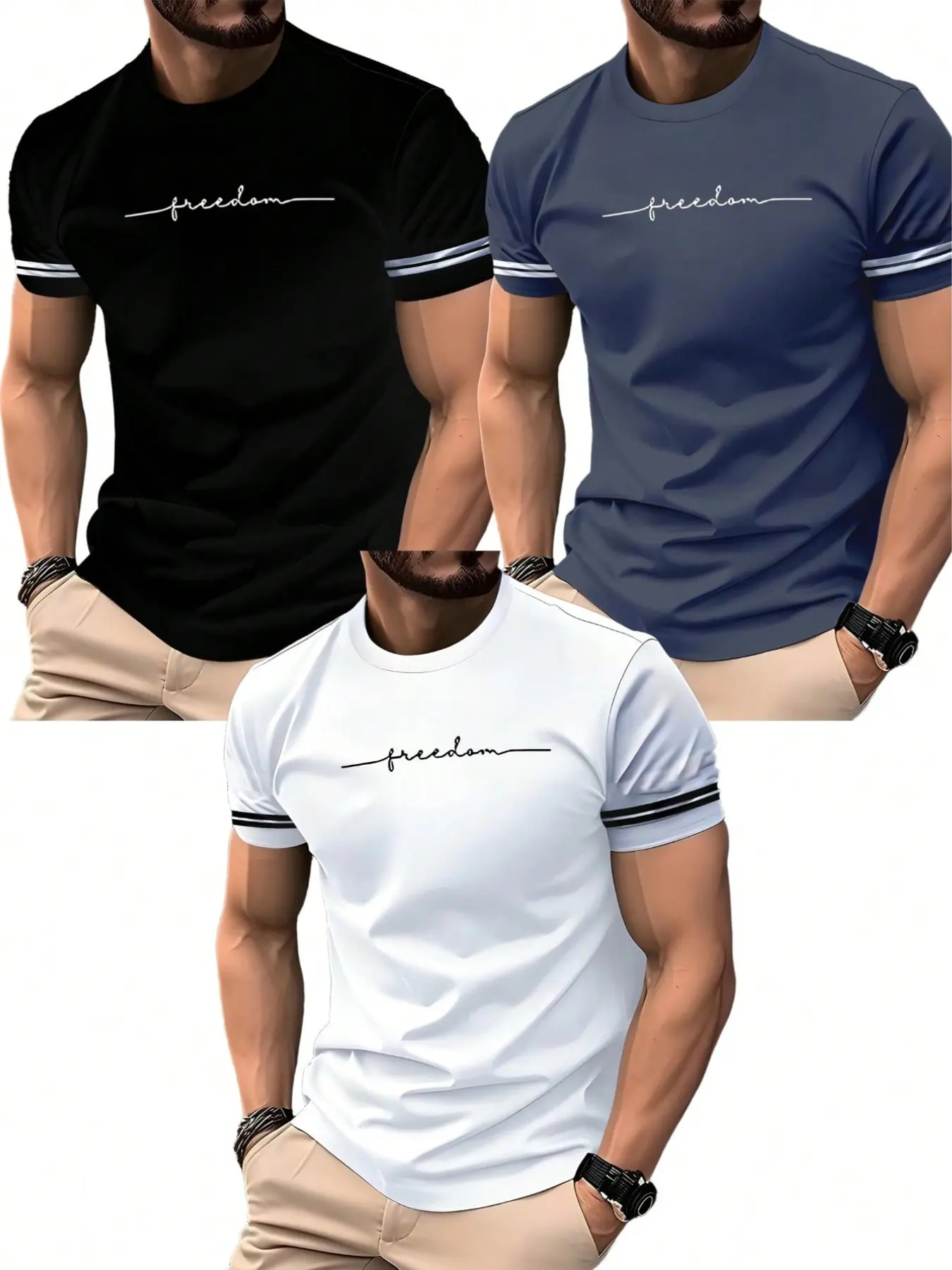 Summer Men's Multi-Pack Short Sleeve T-Shirts, Casual Slim-Fit Round Neck, All-Over Print, Three-Piece Set, Ideal for All Seasons