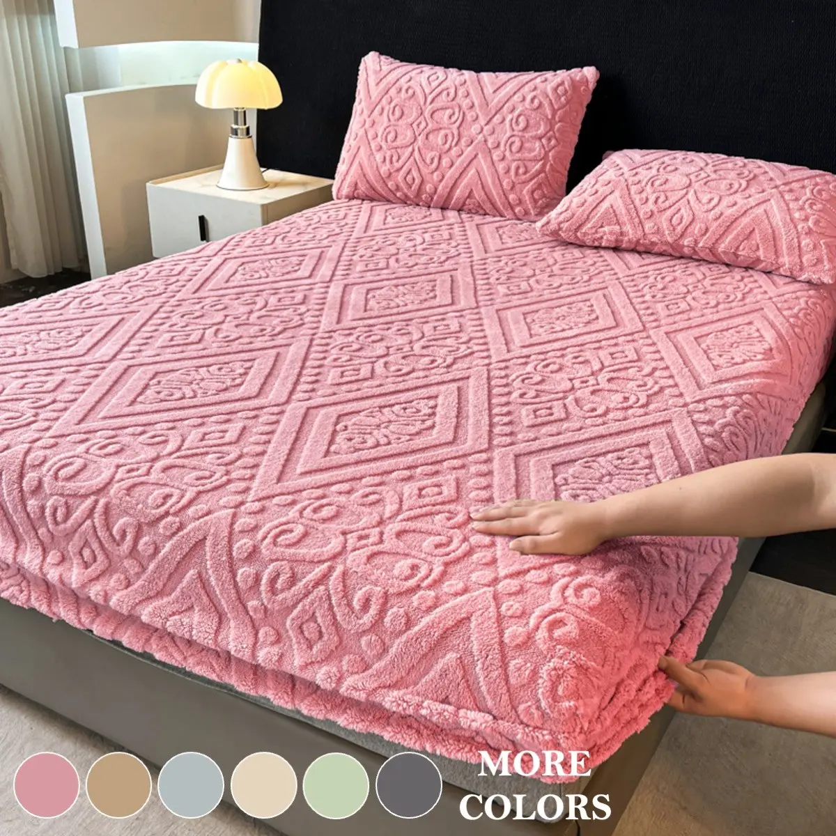 European Damask Embossed Plush Fleece Fitted Sheet Set, Ultra Soft Warm Mattress Cover & Decorative Mattress Protector, Deep Pocket with All-Around Elastic, 2/3-Piece Bedding with 1 Fitted Sheet and 1 or 2 Pillowcases for Bedroom, Dorm & Guest Room