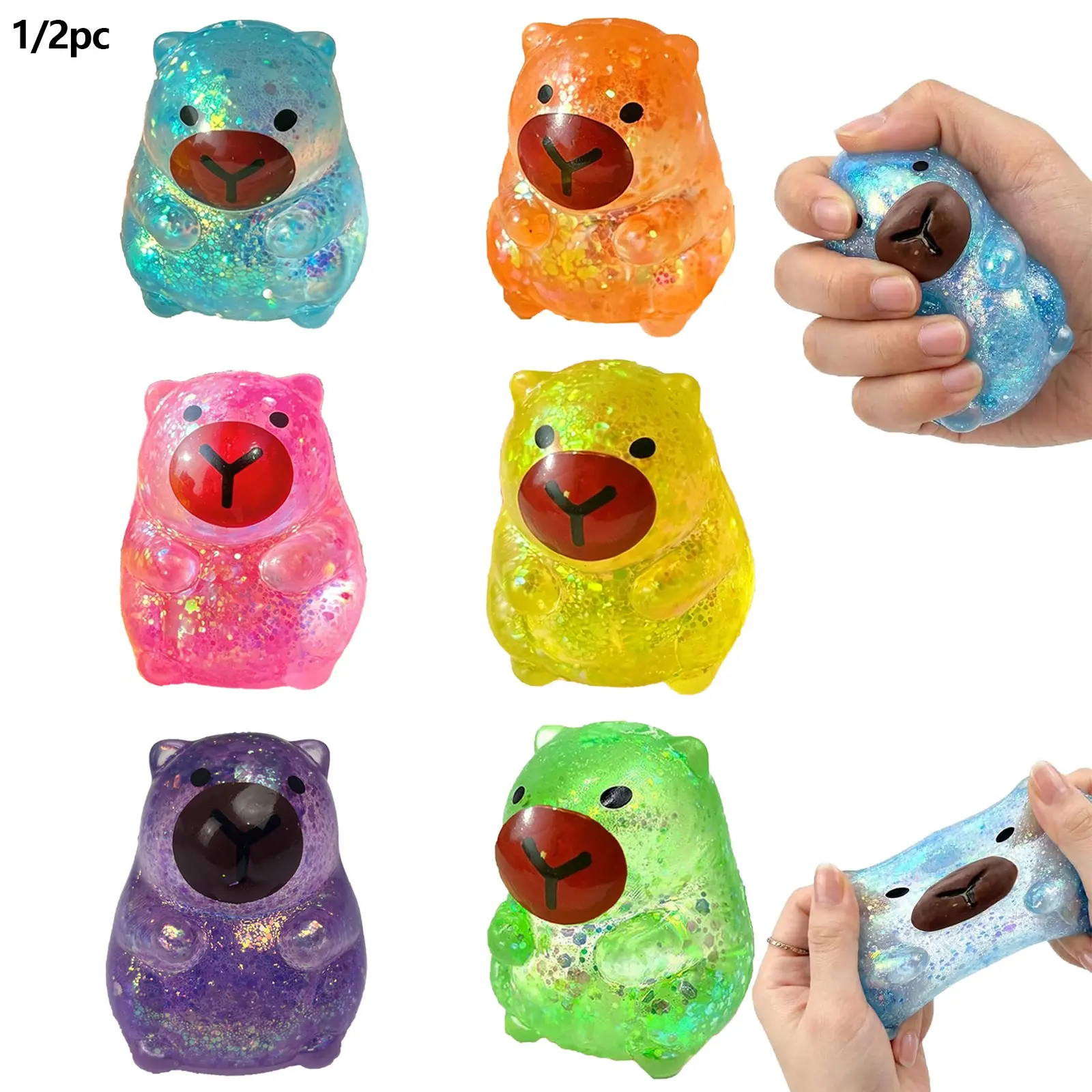1/2pc Capybara Squishy Sparkly Squishies Glitter Animal Squeeze Balls Cute Capybara Slow Rising Squishy Stress Ball Anxiety Relief Adult Sensory Fidget Tool Gift Sparkling Desk Decor Collectibles Decompression Dough