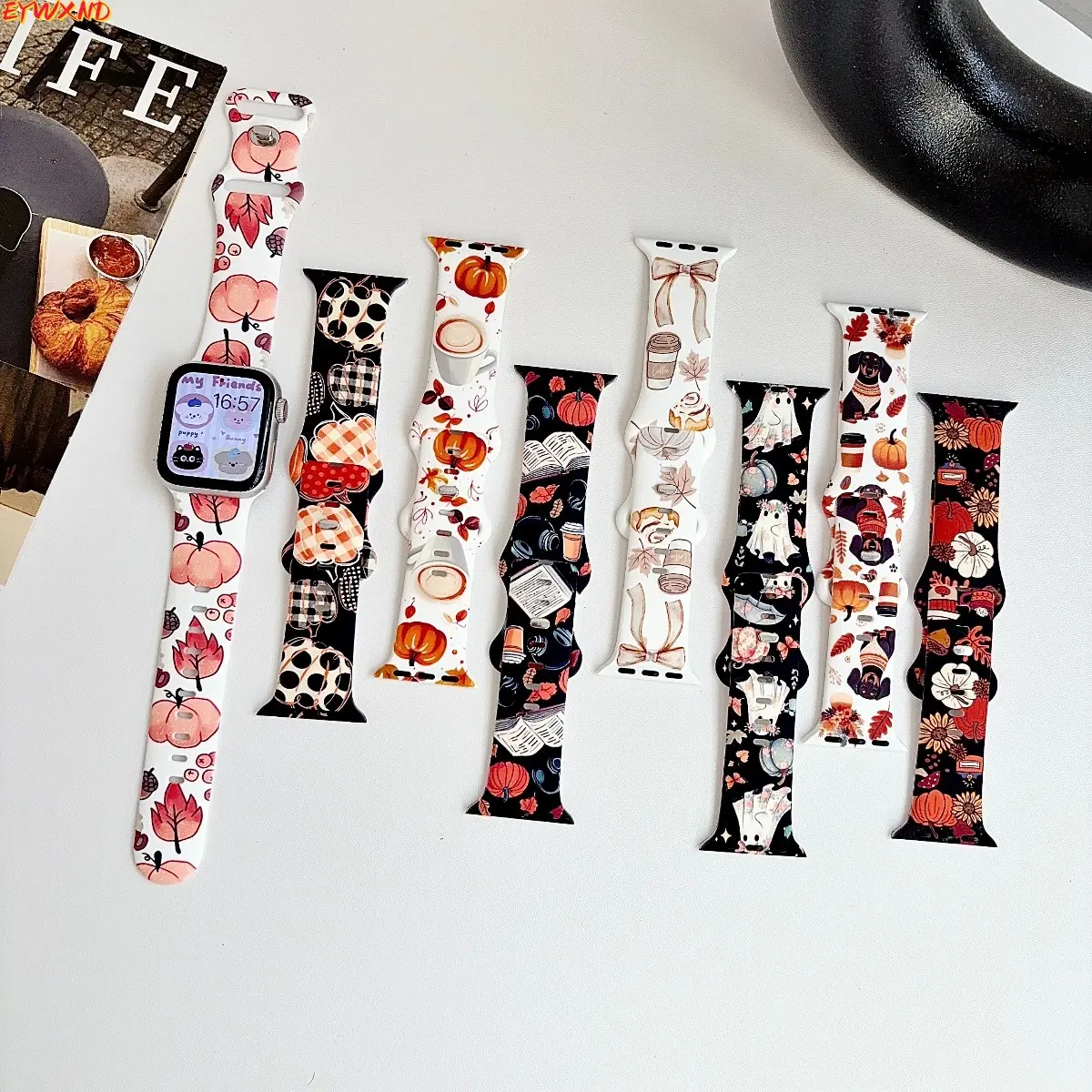 EYWXND Fall Halloween Pumpkin Print Silicone Watch Band, Autumn Thanksgiving Maple Leaf Harvest Pattern Soft Sport Replacement Wrist Strap Compatible with Apple Watch 40mm 41mm 44mm 45mm, Cute Seasonal Watch Accessory for Women Girls