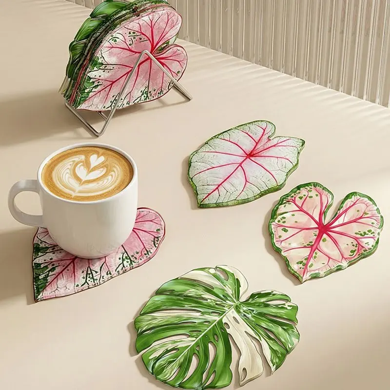 1pc Style Tropical Plant Acrylic Cup Mat, Heat Resistant Cup Mat Acrylic Material Easy to Clean Creative Coffee Cup Pad Coasters for Drinks Home Decor Dining Table Decor Kitchen Decoration Four Colors Available