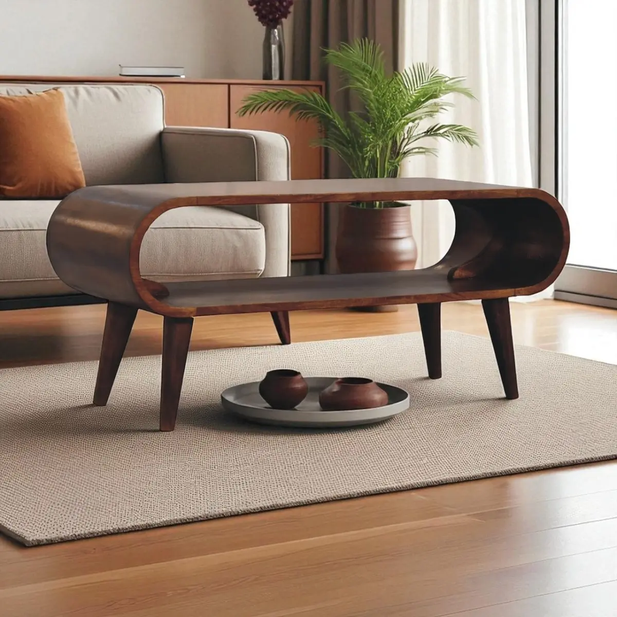 Solid Wood Amaya Nordic Style Coffee Table, Open Storage, Brown