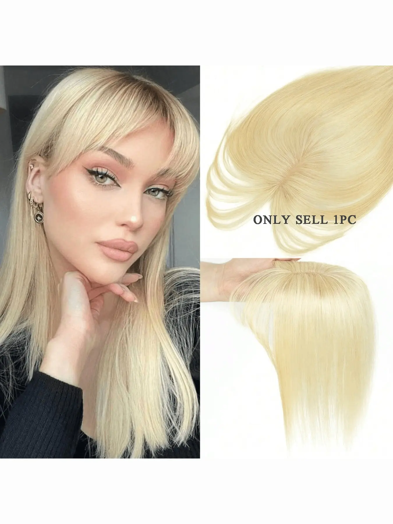 Honey Gold 5x9 Cm Real Hair Topper, Natural Straight Hair, Dual Color Bangs Middle Part Lace Hair Block, Short Wigs with Bangs