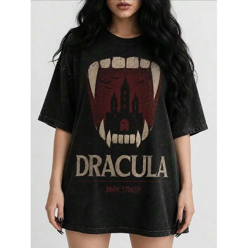 Dracula Book Tee Vampires Vintage Graphic Tee, Oversized Unisex Summer Cotton Crew Neck Gothic Horror Dark Academia Top