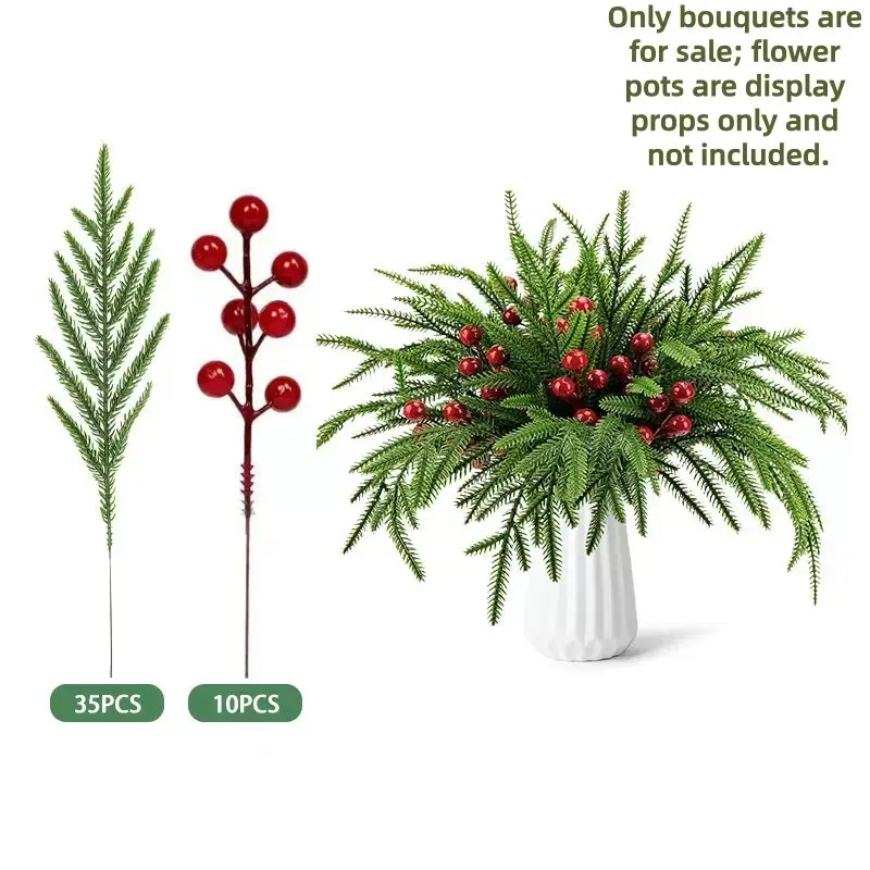 45pcs Outdoor Artificial Norfolk Pine Branches with Berries, Realistic Fake Pine Wreath, Christmas Decor, Durable Plastic