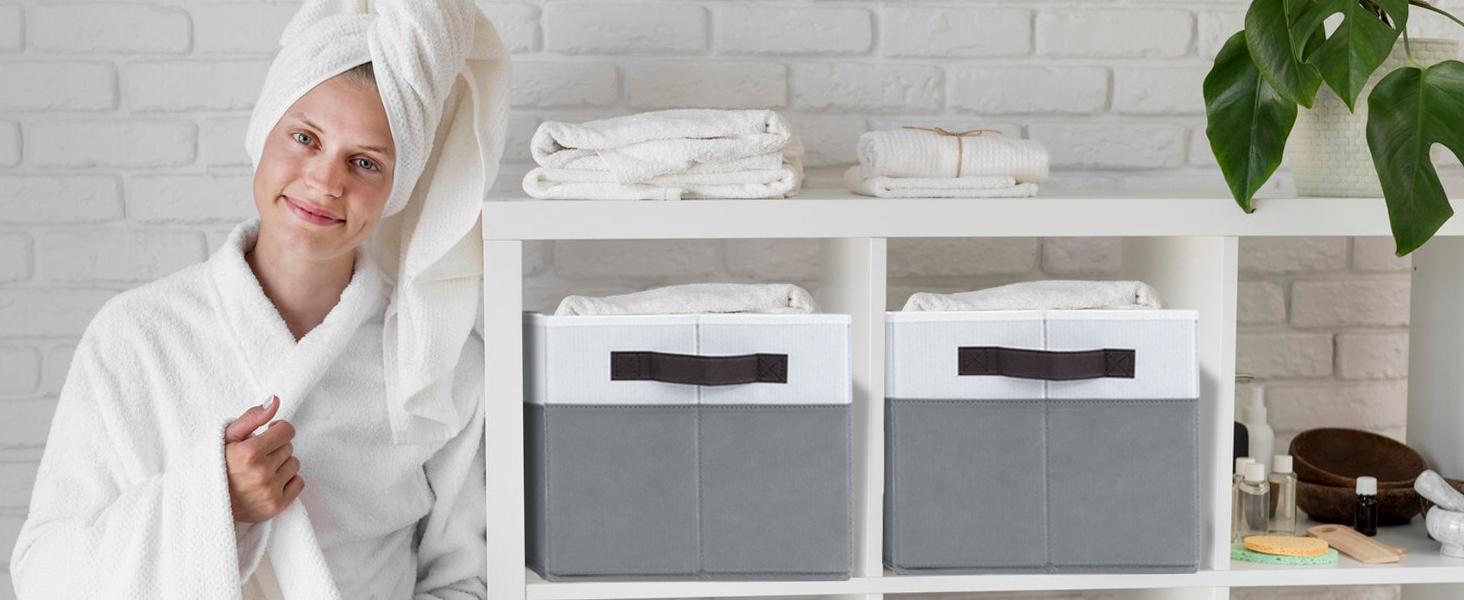 4 Pack Large Closet Storage Baskets Bins for Shelves| Fabric Closet Organizers and Storage with Handles Home Organization| Decorative Collapsible Baskets for Organizing Clothes Nursery 14"x10"