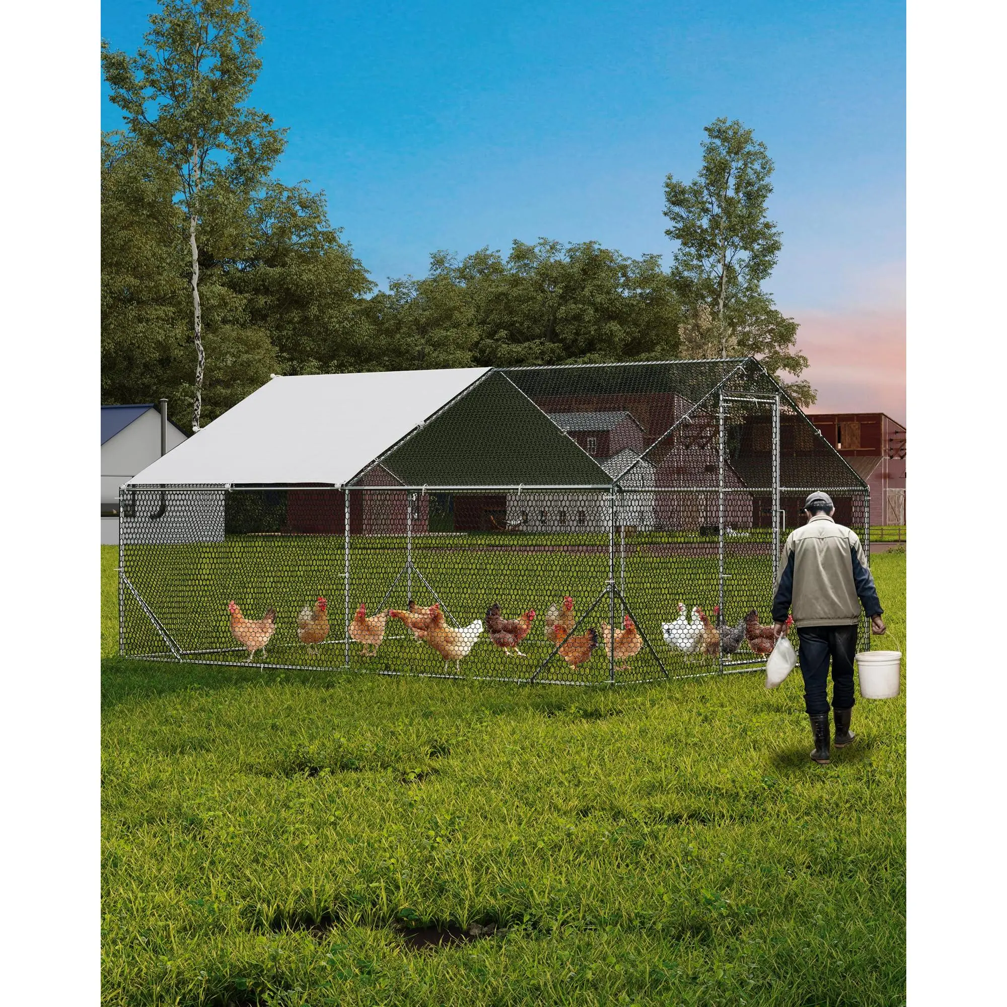 Heavy Duty Outdoor Metal Chicken Coop & Dog Kennel – Large Walk-In Enclosure Playpen for Poultry or Pets, Secure Run for 6-30 Chickens or Large Dogs, Waterproof & Anti-UV Cover