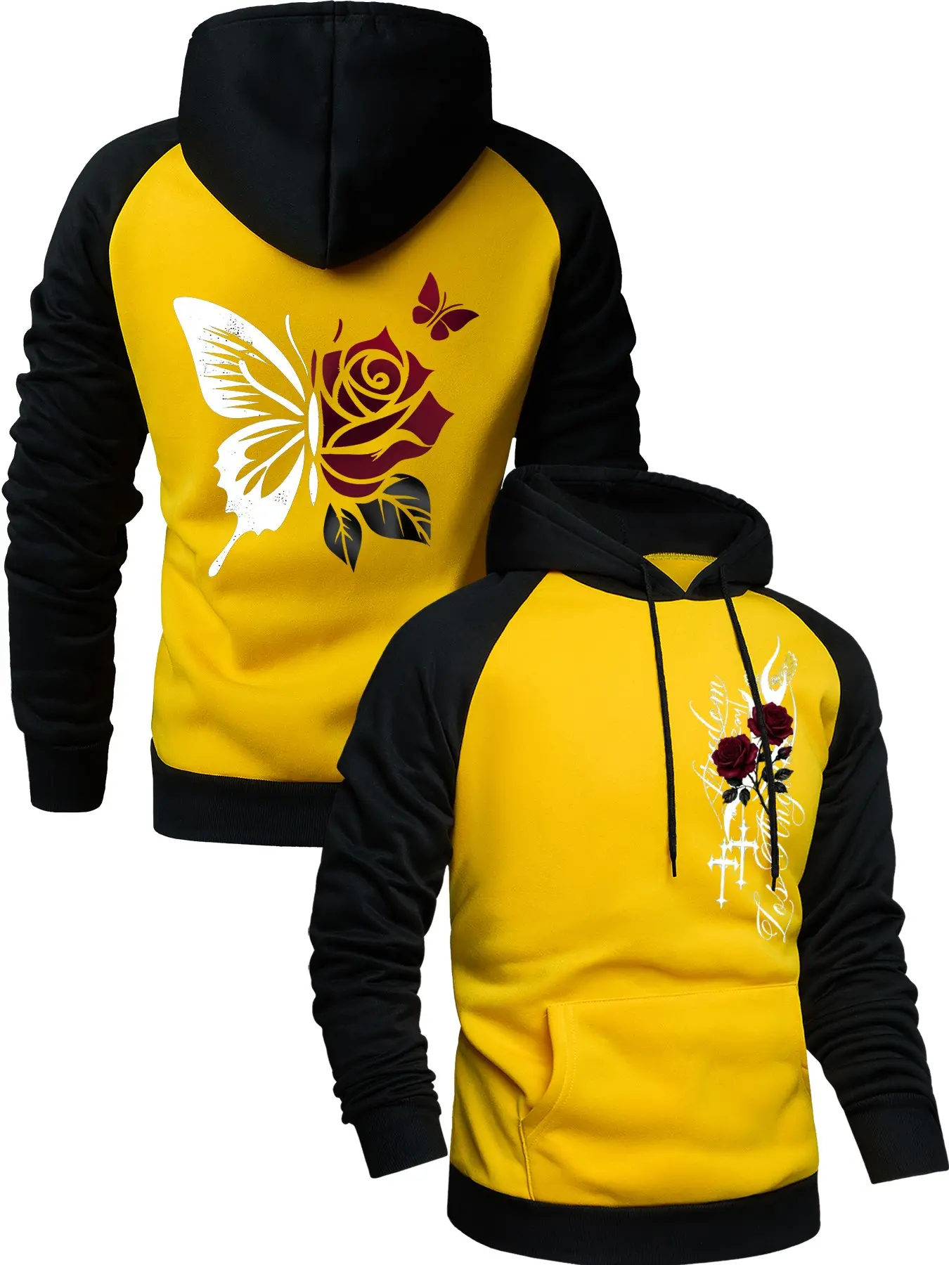 Butterfly Rose Art Hoodie, Patchwork Print, Loose-Fit, Casual Style, Fall Winter Wear, Durable Fabric, Daily Top