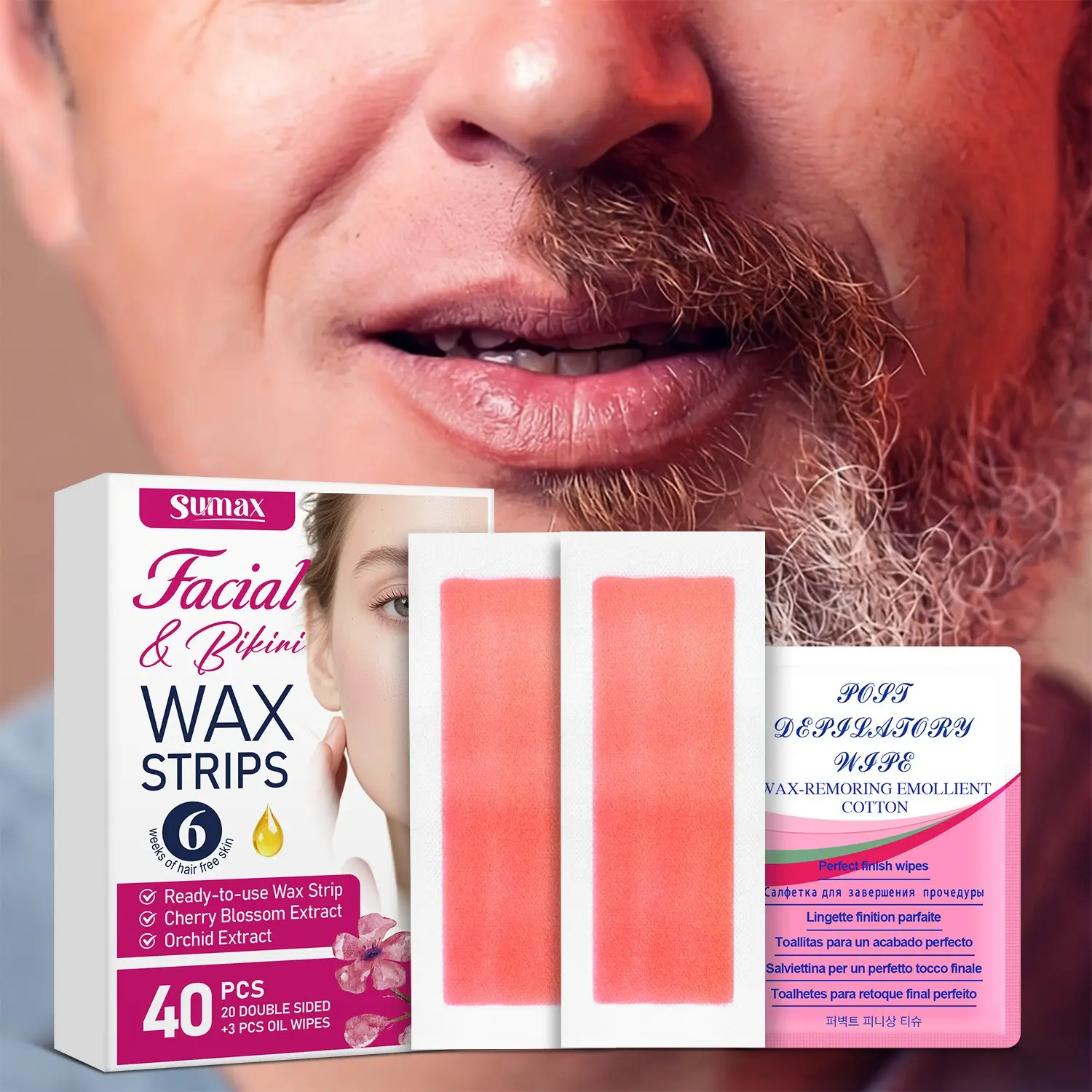 Sumax 40pcs Facial Bikini Hair Removal Wax Pads, 3pcs Care Wet Wipes, Gentle Hair Removal for All Body Parts, Smooth Skin Treatment