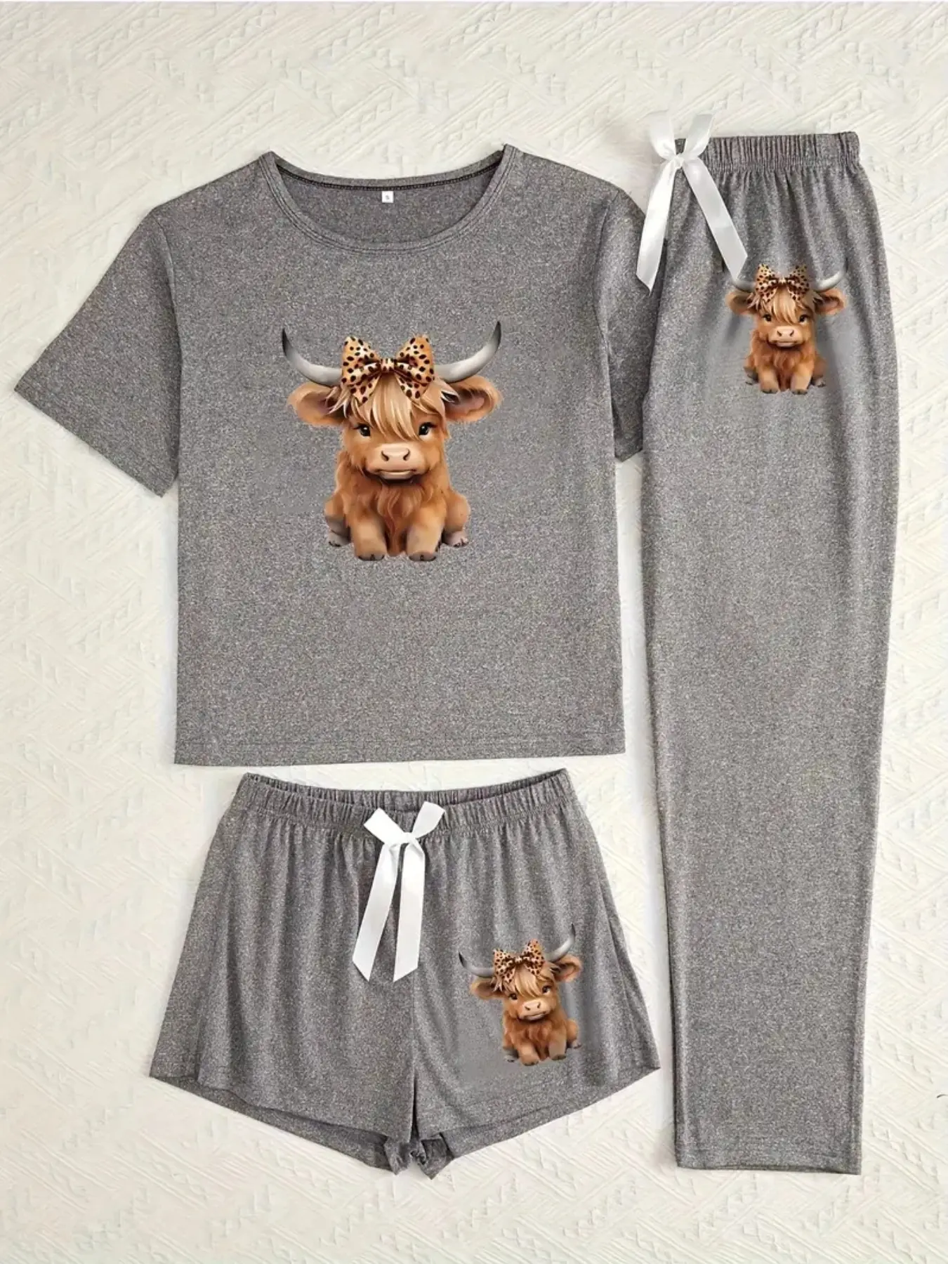 Women's Three-Piece Pajama Set, Highland Cow Print, Casual Elegant Loungewear, All-Season Comfortable Sleepwear, All Seasons Nightwear