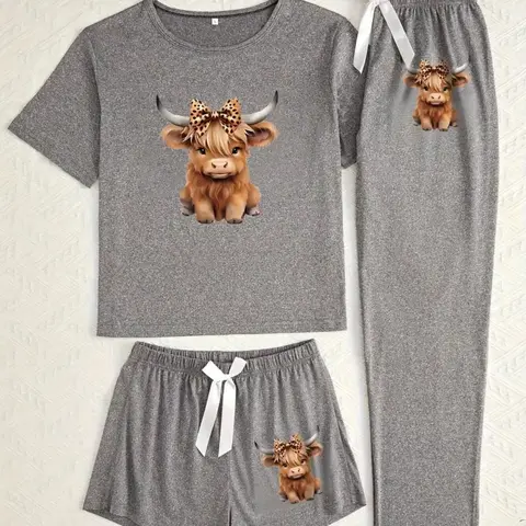 Women's Three-Piece Pajama Set, Pj Set, Highland Cow Print, Casual Elegant Loungewear, All-Season Comfortable Sleepwear