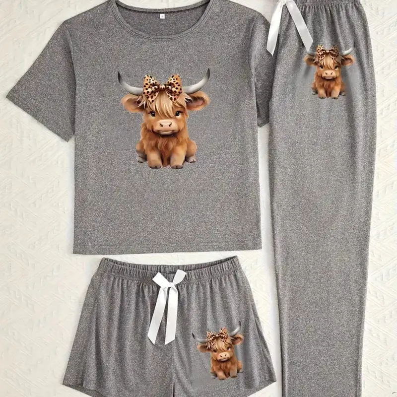 Women's Three-Piece Pajama Set, Pj Set, Highland Cow Print, Casual Elegant Loungewear, All-Season Comfortable Sleepwear