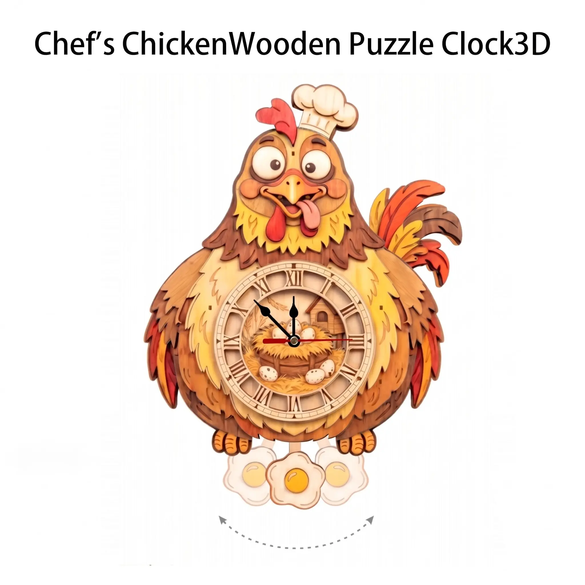 Kitchen Chicken Adult 3D Wooden Puzzle Analog Wall Clock, DIY Laser Cut Assembly Kit, Home Decor Gift, Unique Family Wall Clock, Men's Birthday Present
