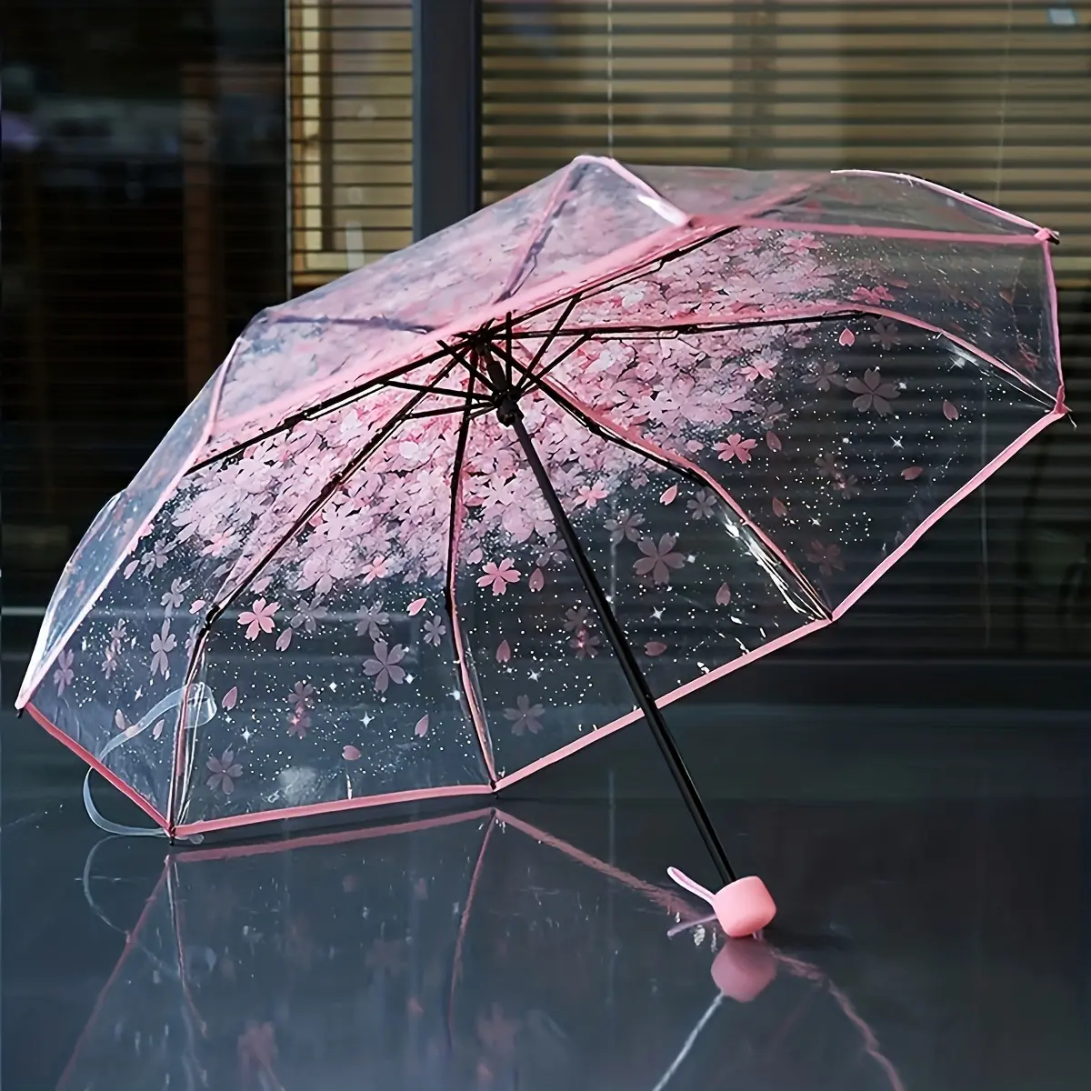 1pc Transparent Cherry Blossom Pattern Portable Foldable Umbrella, 8 Ribs Casual Lightweight Portable Rain Gears For Men's & Women's Outdoor Activities, Lightweight Waterproof Umbrella, Clear Umbrella