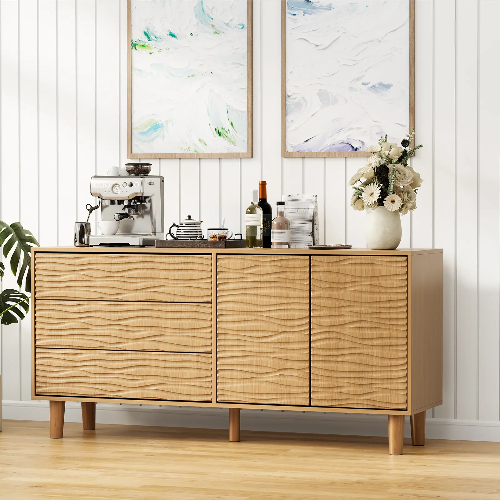 Garvee 61" Modern Fluted Sideboard Buffet Cabinet – Mid Century Accent Console with 3 Drawers, 2 Push-to-Open Doors & Adjustable Shelf – Teak Brown