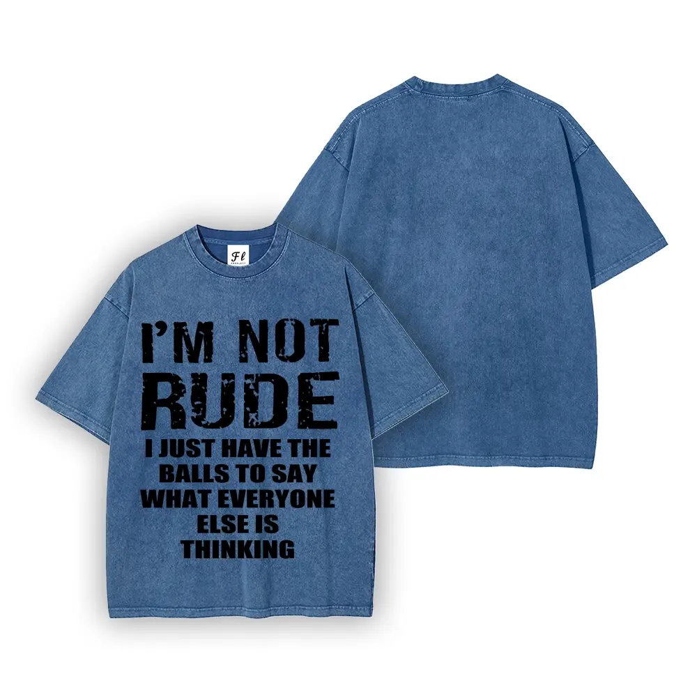 Unisex Vintage Acid Washed Graphic T-Shirt, I'm Not Rude Funny Slogan Back Print Oversized Short Sleeve Crew Neck Tee, Distressed Heavy Cotton Loose Fit Grunge Streetwear Casual Summer Tops for Men Women