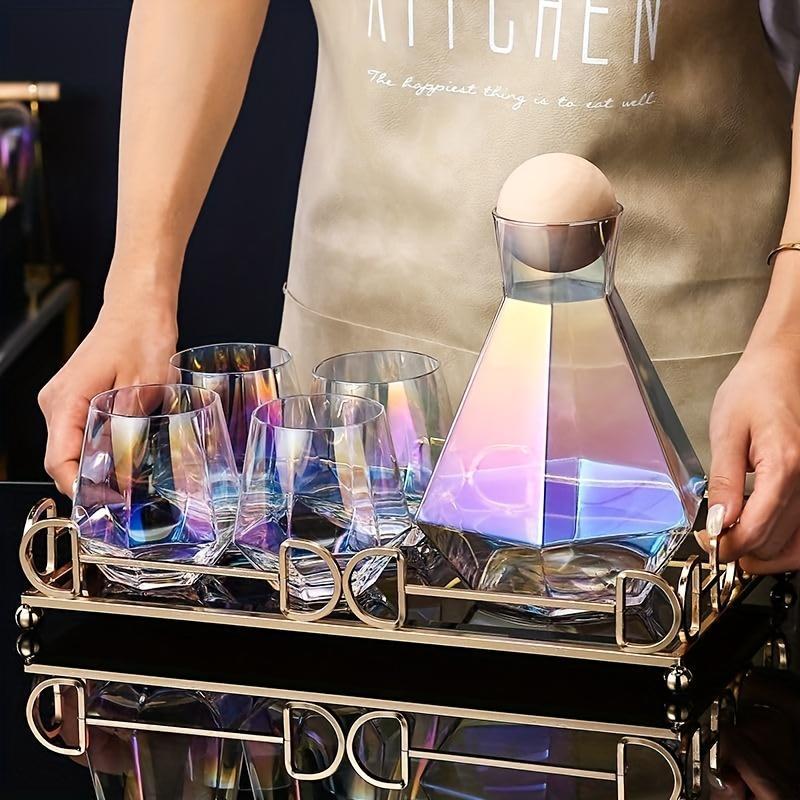 Diamond-Shaped Glass Pitcher and Tumbler Set with Wooden Lid Ball - 5 Piece Modern Water Carafe and Drinking Glasses Bundle for Whiskey, Scotch, Bourbon, Vodka - Elegant Beverage Serving Set