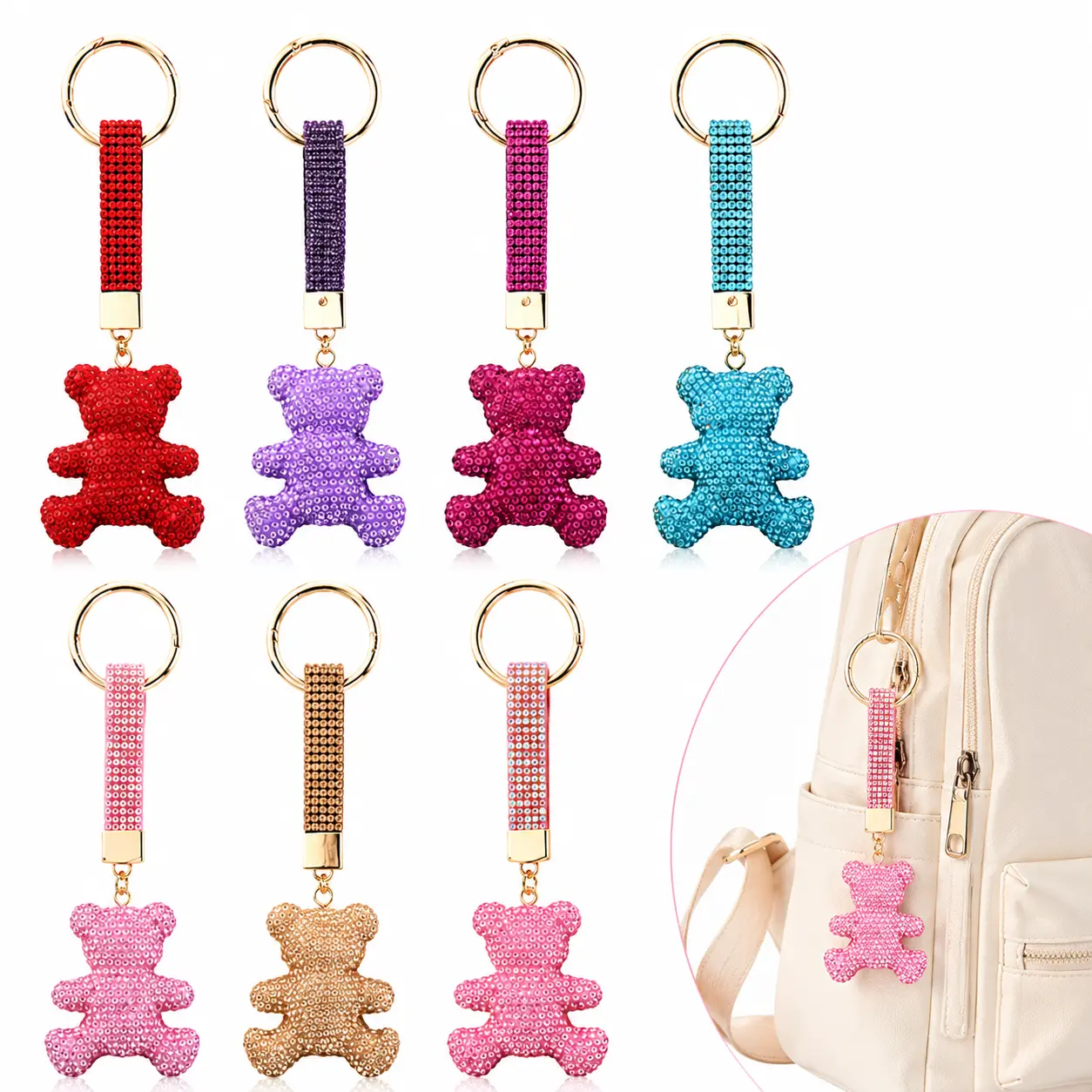 Cute Cartoon Bear Keychain with Full Rhinestones,Handmade Pendant, Delicate Decor Charm for Cell Phones, Car Keys, Backpacks & Handbags bag charm ornament-YY1
