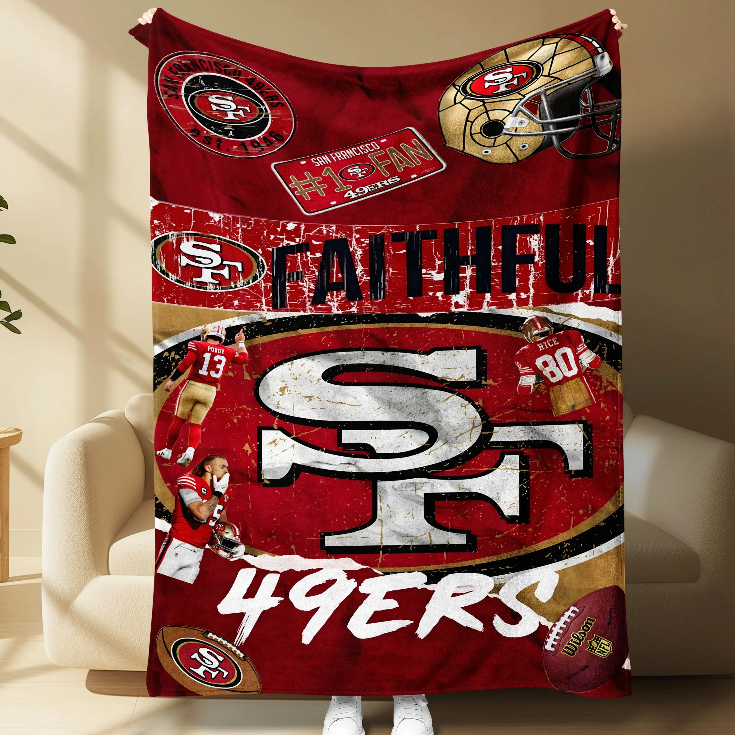 San Francisco 49ers Faithful Flannel Blanket, Soft Gold Plush Throw, Nfl Fan Blanket with Logo, Cozy for Sofa Bed Nap Travel Gift