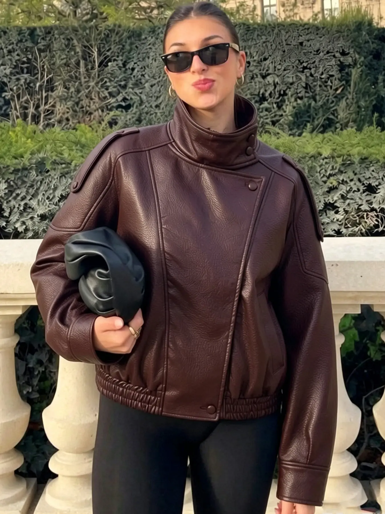 Faux Leather Jacket Women's Bomber Jacket High Neck Long Sleeve Tops Asymmetric Zip Up Biker Motorcycle Jacket Loose Fit Cropped Burgundy Brown Black Jacket Streetwear Casual Autumn Button Outerwear Coats