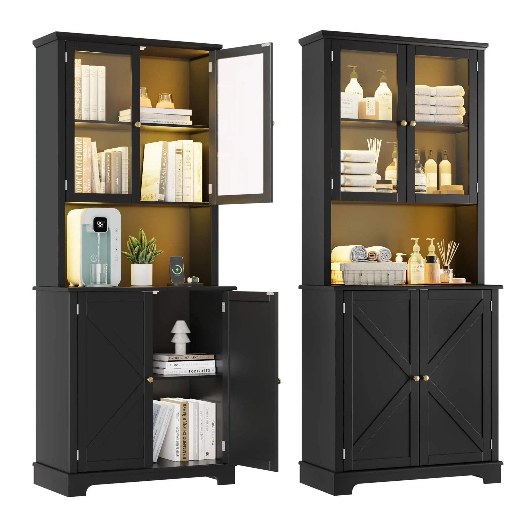 Freestanding Kitchen Hutch Cabinet with Glass Doors, Charging Station & LED Lights - 72" Tall, Wide Pantry Storage, Open Counter Shelf, Double Lower Doors, Farmhouse Buffet for Dining, Living Room or Bar