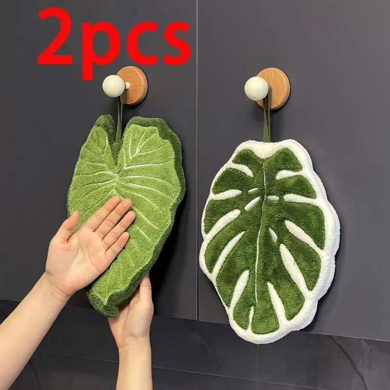 2Pcs Leaf-Shaped Microfiber Finger Towels with Hanging Loop | Absorbent Hand Towels for Bathroom & Kitchen, Perfect Easter & Mother's Day Gifts