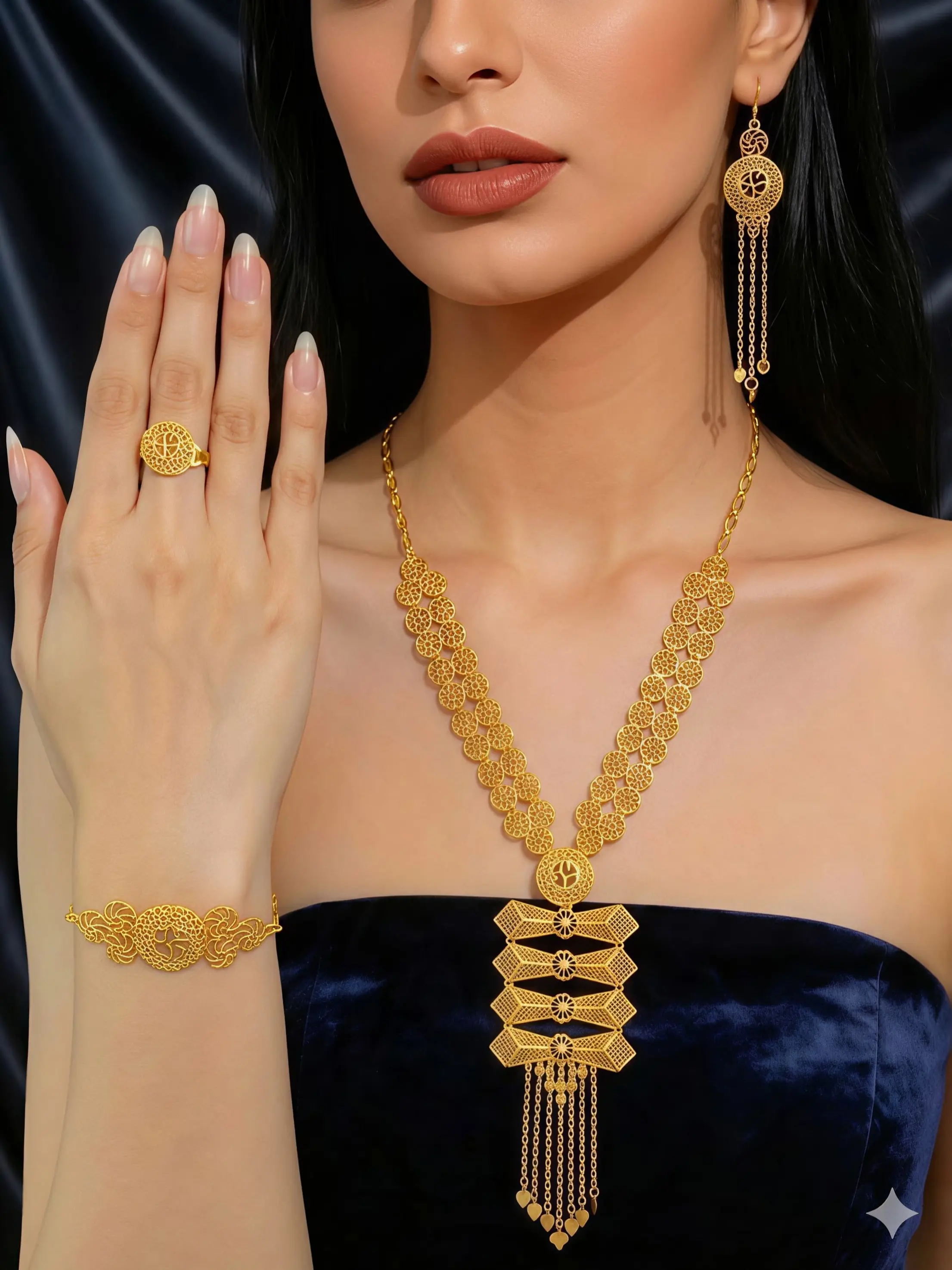 Four women's gold-plated jewelry sets, Middle East Dubai long pendant necklace earrings bracelet ring adjustable, high-grade design, suitable for parties, banquets, Bridal Wedding Jewelry, Matching Jewelry Set