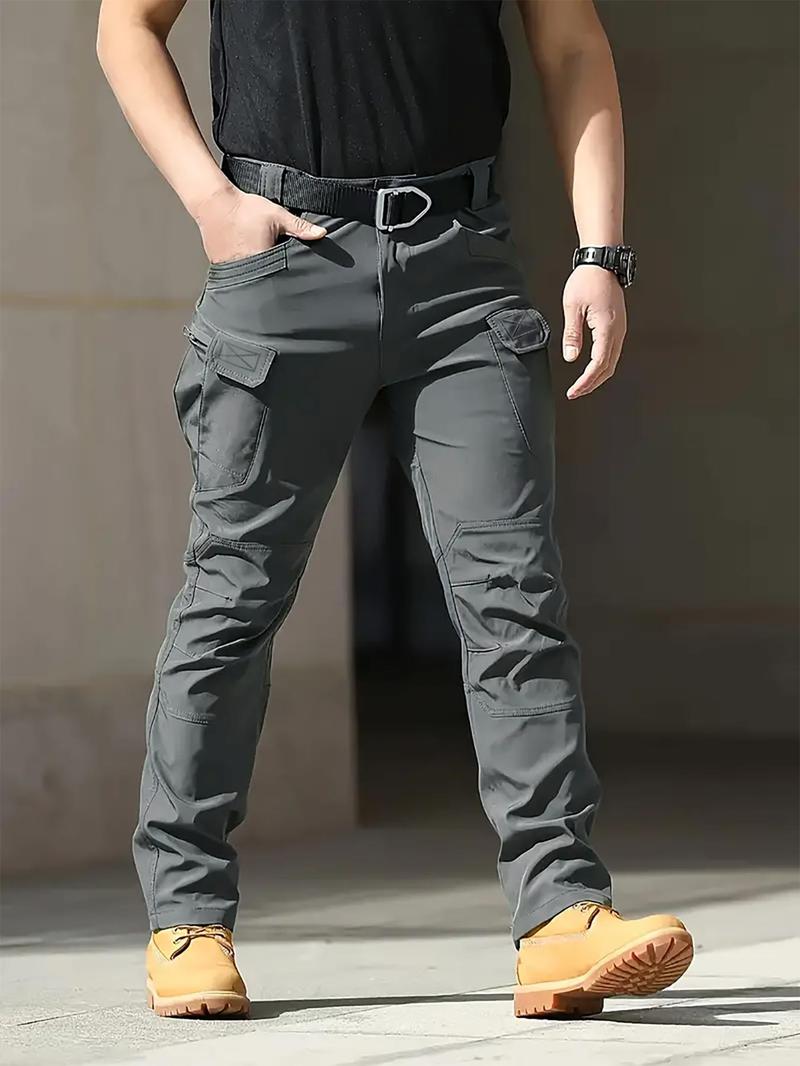 Men's Solid Color Button Fly Side Pocket & Zipper Tactical Work Pants, Durable Multifunctional Pants for Outdoor Activities, Suitable for Hiking, Fishing, Athletic Bottoms
