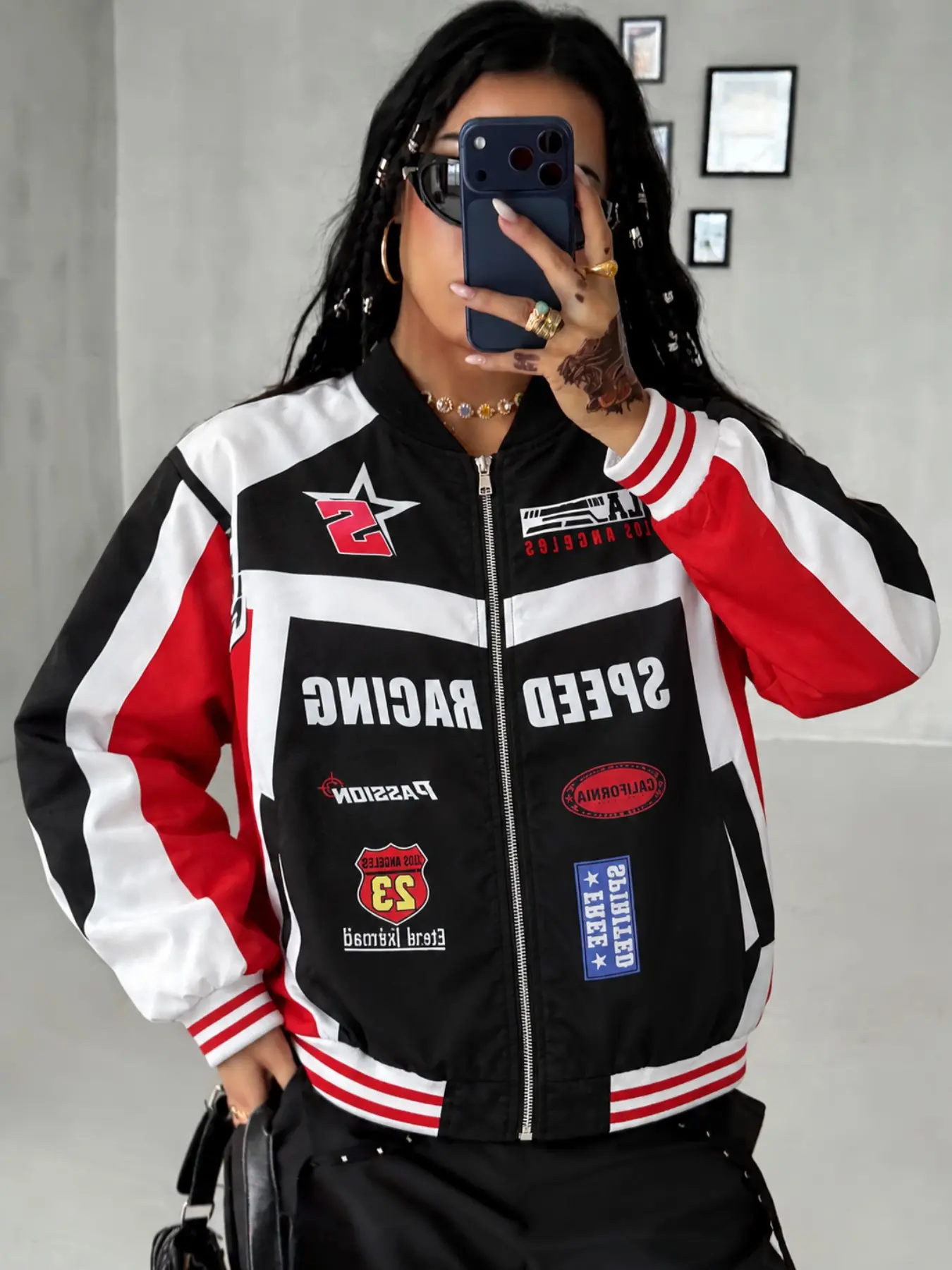 Unisex Racing Style Flight Jacket, Colorblock Zipper Design, Letter Number Badge, Ribbed Trim, Loose-Fit Streetwear Top
