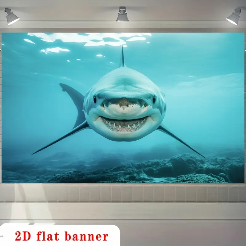 Deep Sea Shark Adventure 2D Banner, Giant Shark Ocean Dive Blue Background, Polyester Material, Metal Hooks, Kids Room Decor, Party Setup