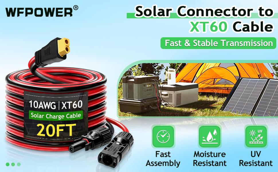 Panel Connector to XT60 Connector Cable 20FT, 10AWG to XT60 Charge Extension Cable (Plug Female) Cables for RV Folding, Station, Generator