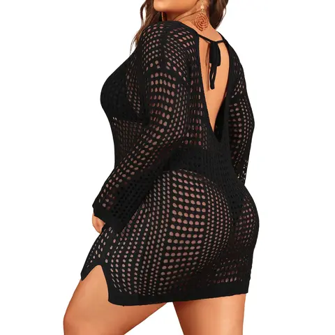 Aqua Eve Women's Plus Size Swimsuit Cover Up - Crochet Bathing Suit Coverups Long Sleeve Swimwear Beach Dress