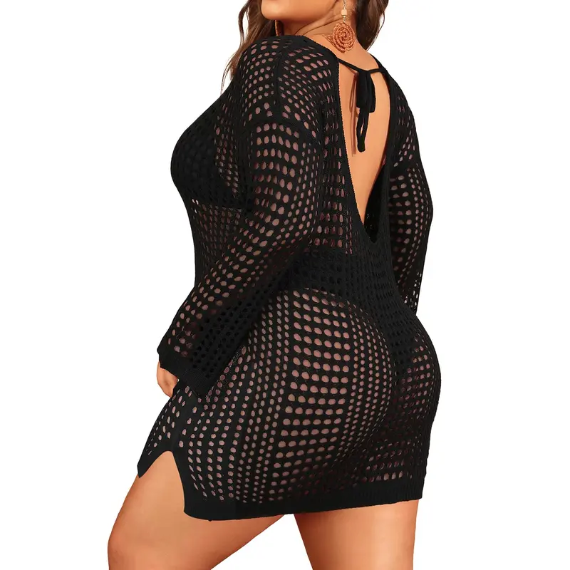 Aqua Eve Women's Plus Size Swimsuit Cover Up - Crochet Bathing Suit Coverups Long Sleeve Swimwear Beach Dress