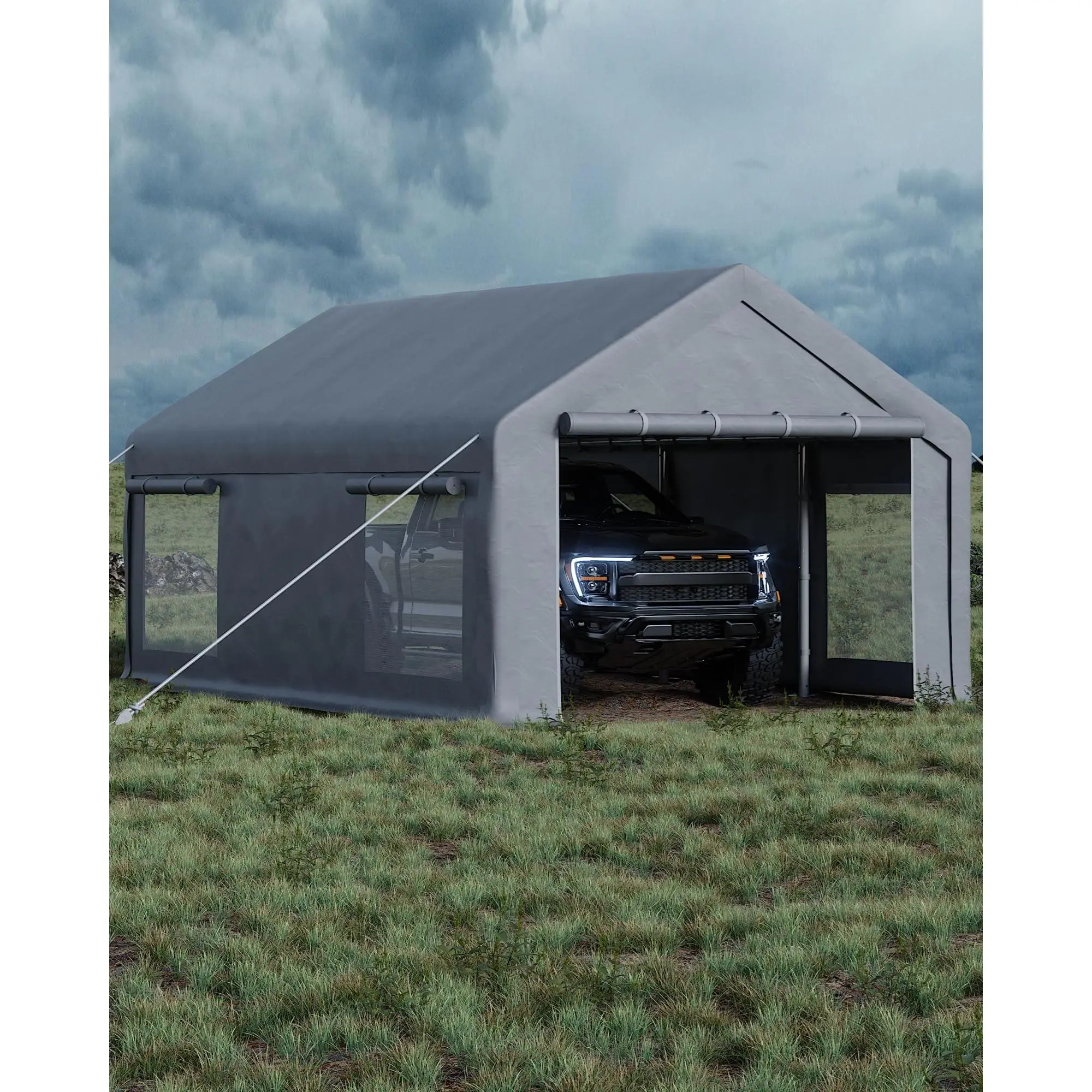 10x20 ft Durable Portable Carport Garage Shelter, Thick 200g PE Waterproof Canopy with 2 Roll-Up Doors & 4 Vent Windows, Multi-Color All-Weather Outdoor Tent for Pickup Truck, Boat, Paint Booth & Outdoor Events