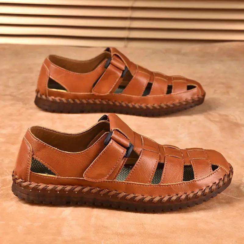 (New)Men's Casual Leather Sandals  Breathable Outdoor Slippers, Adjustable Closed Toe Summer Leather Loafters