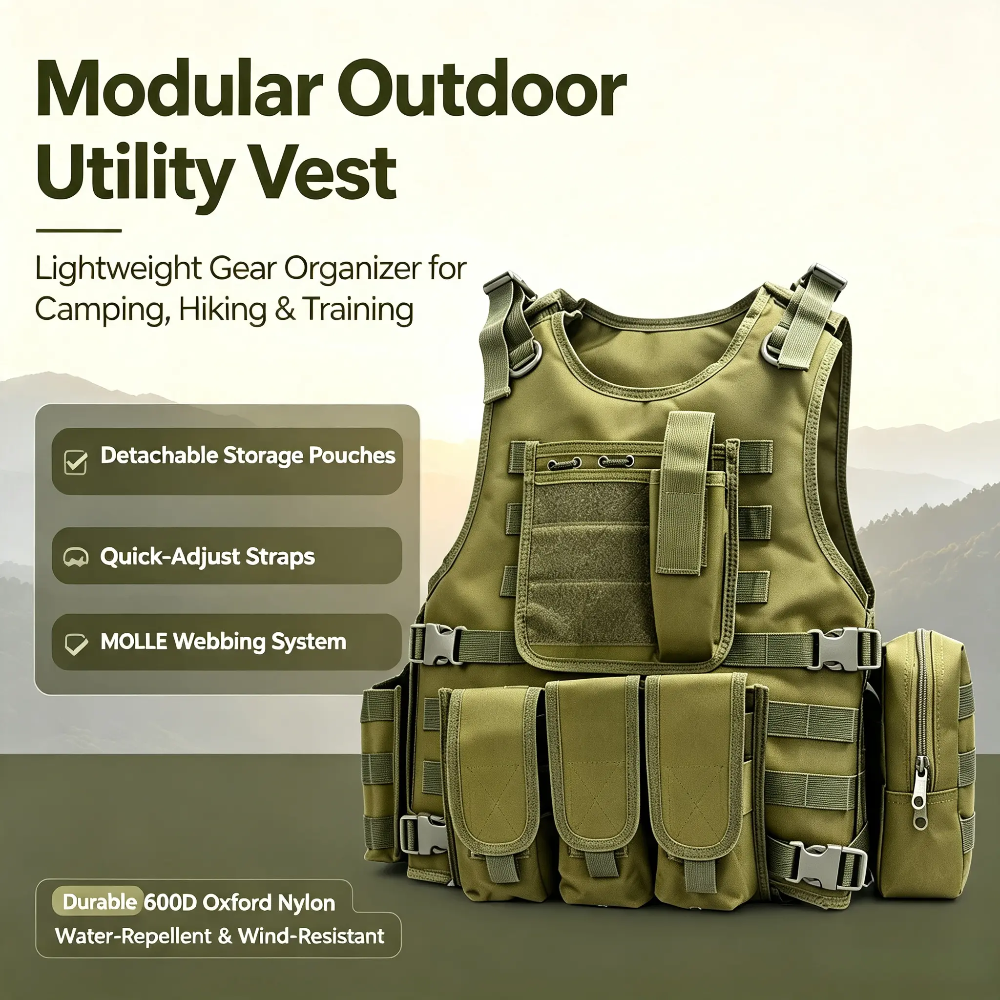 Modular Outdoor Utility Vest, Lightweight Woven 600D Oxford with Removable Pouches and Quick-Adjust Straps for Hiking, Camping & Fitness Training, No