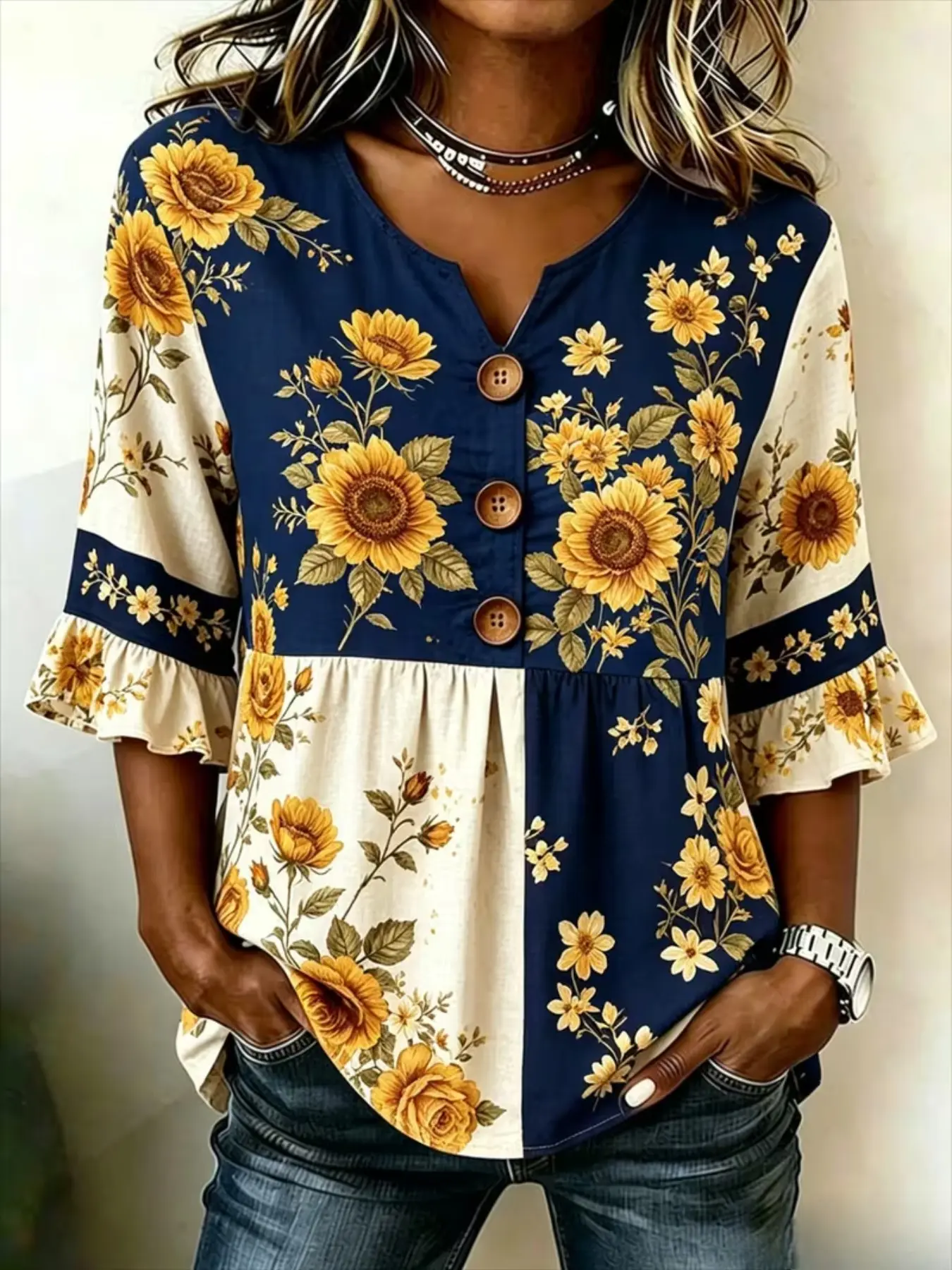 Women Sublimation Printed Peplum Tunic Blouse Top, Notch V‑Neck 3/4 Ruffle Flounce Sleeve Button Decor Shirt, Navy Blue Beige Color‑Block Sunflower Mixed Wild Floral Patchwork Print for Daily Casual Outfit, Farm Weekend Gathering, Summer Vacation and Coun