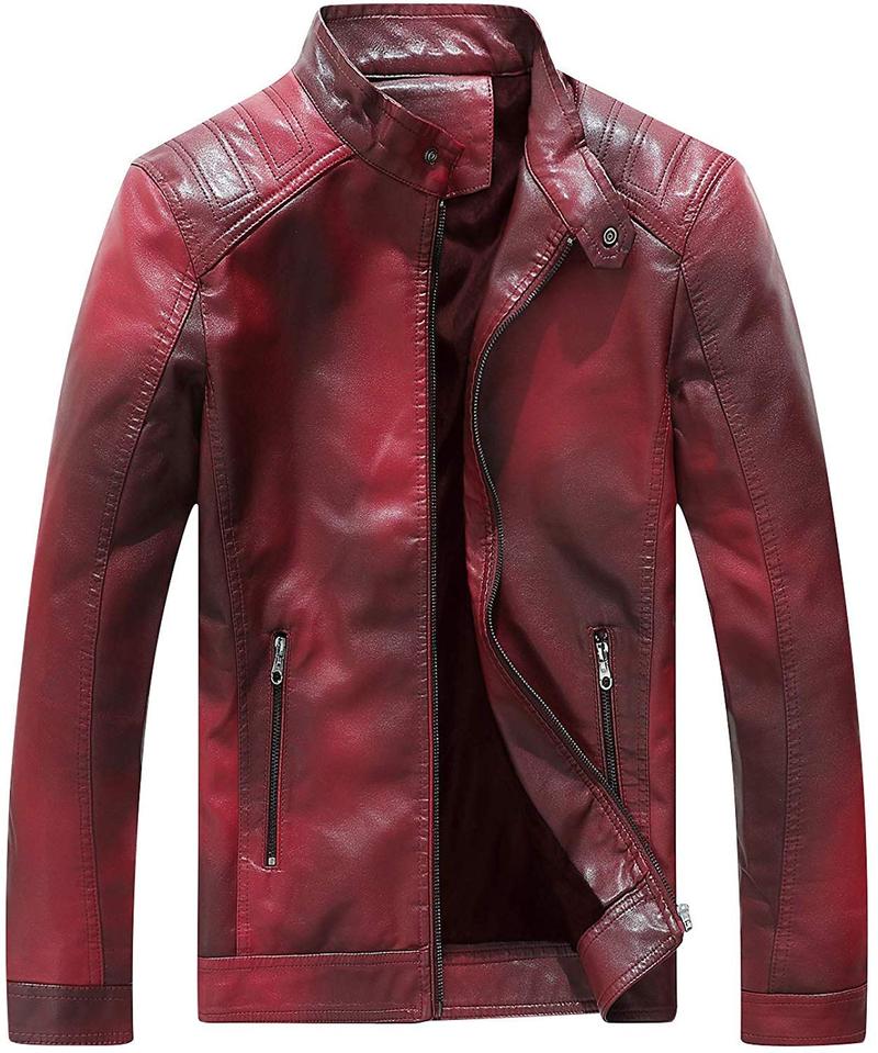 Men's Faux Leather Jacket Vintage with Stand Collar for Motorcycle Biker Riding Bomber Jacket for Men
