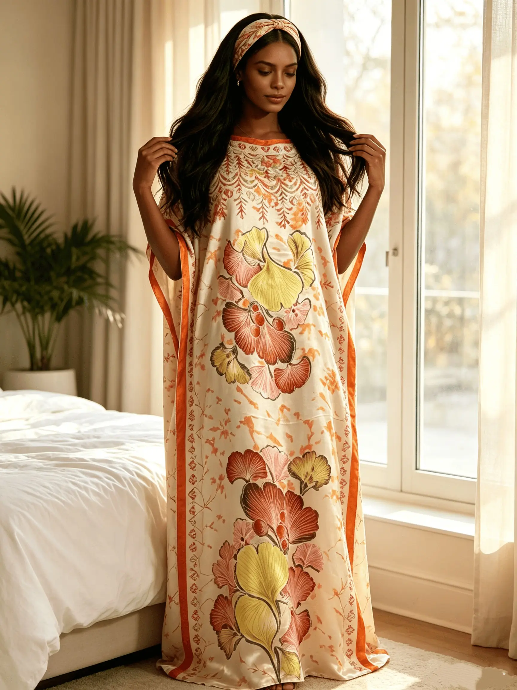 Women Oversized Pastel Orange Floral Silk Caftan Maxi Dress Two Piece Outfit With Scarf, Loose Flowy Kaftan Robe, Curvy Friendly Plus Size Beach Cover Up, Satin Resort Wear, Bohemian Lounge Night Gown, Summer Vacation Pool Robe, Boho Printed Floral